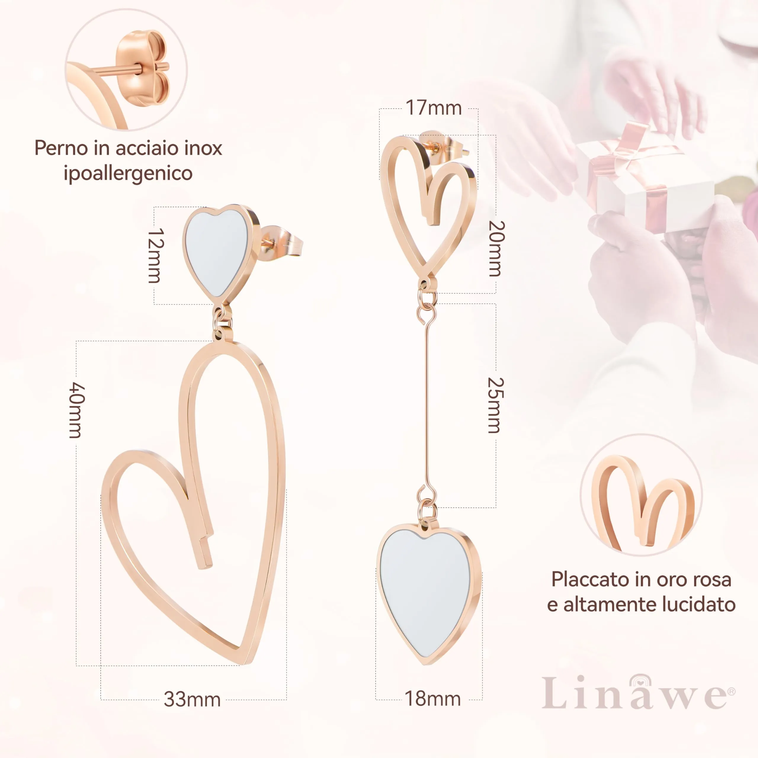 Linawe Orecchini pendenti a cuore bianchi in acciaio inossidabile oro rosa - immagine 5