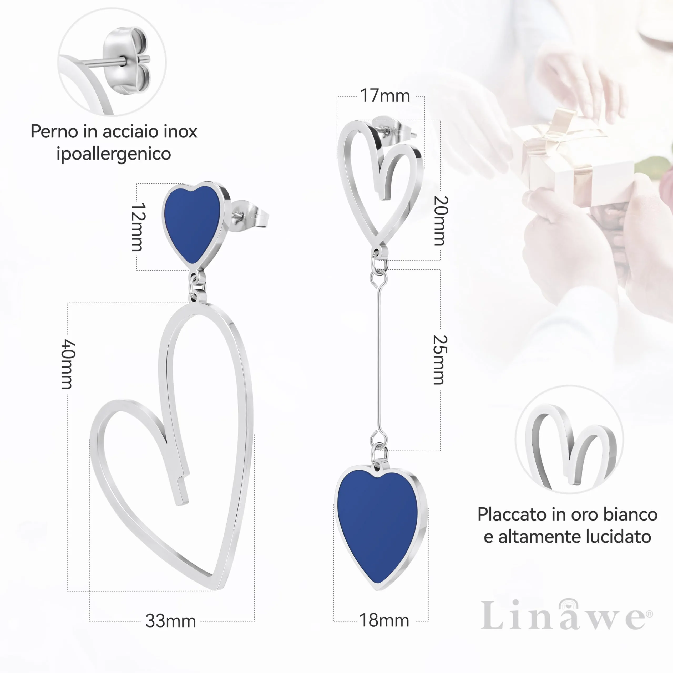 Linawe Orecchini pendenti a forma di cuore blu in acciaio inossidabile per donna - immagine 5