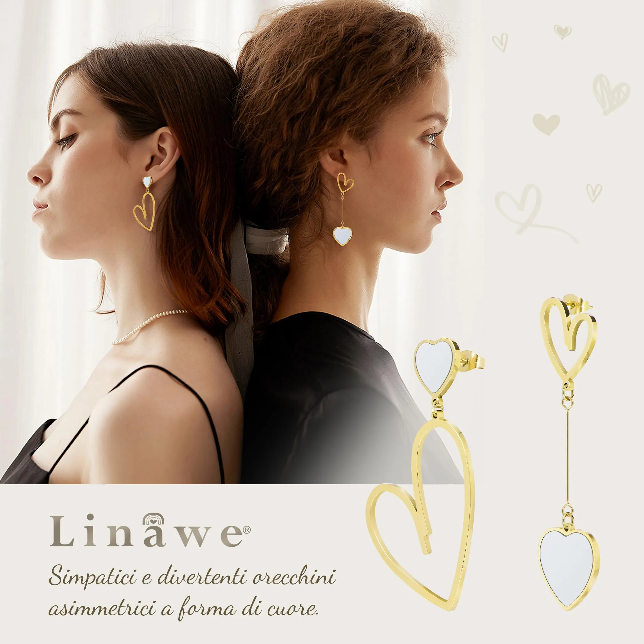 Linawe Orecchini Pendenti a Forma di Cuore Bianchi in Acciaio Inossidabile Placcati Oro - immagine 2