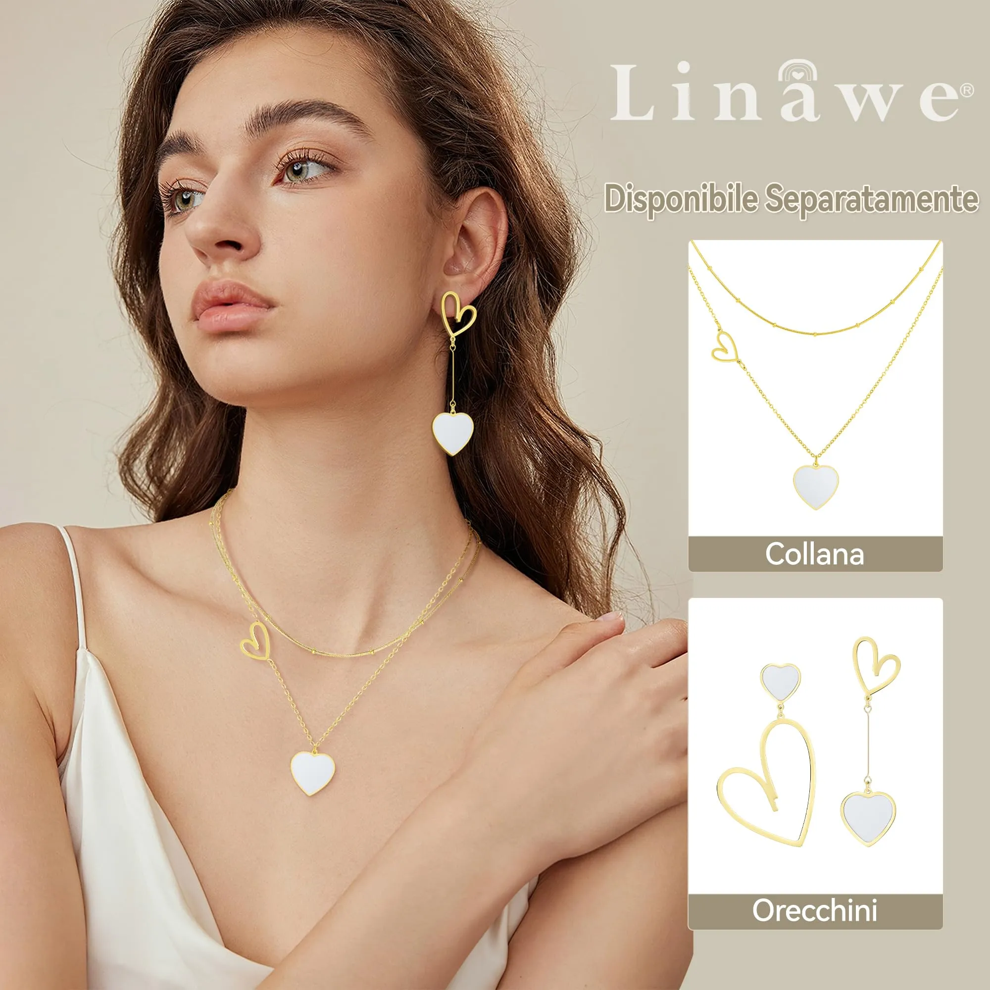 Linawe Orecchini Pendenti a Forma di Cuore Bianchi in Acciaio Inossidabile Placcati Oro - immagine 3