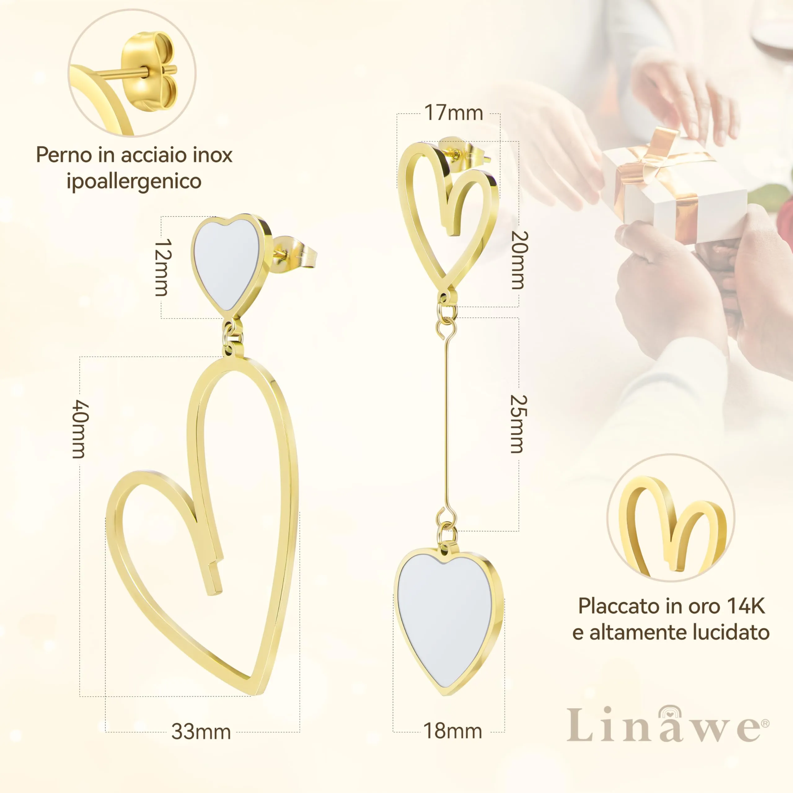 Linawe Orecchini Pendenti a Forma di Cuore Bianchi in Acciaio Inossidabile Placcati Oro - immagine 5