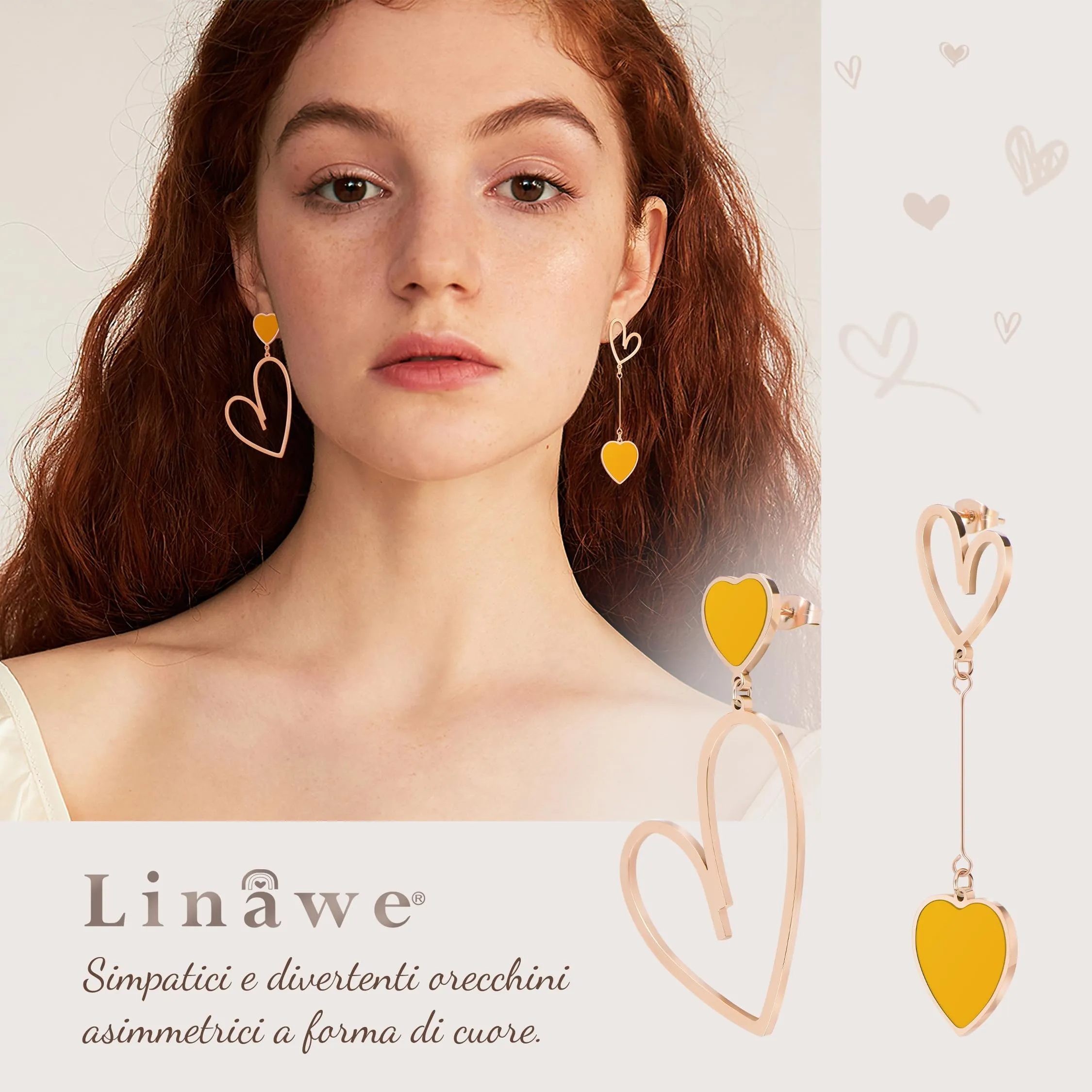 Linawe Orecchini a cuore giallo pendenti in oro rosa per donna - immagine 2