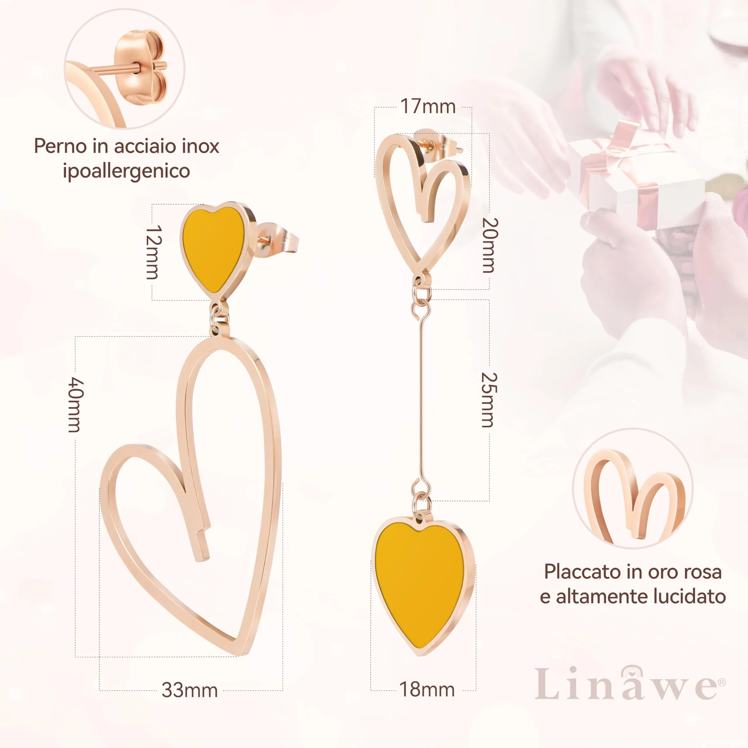 Linawe Orecchini a cuore giallo pendenti in oro rosa per donna - immagine 5