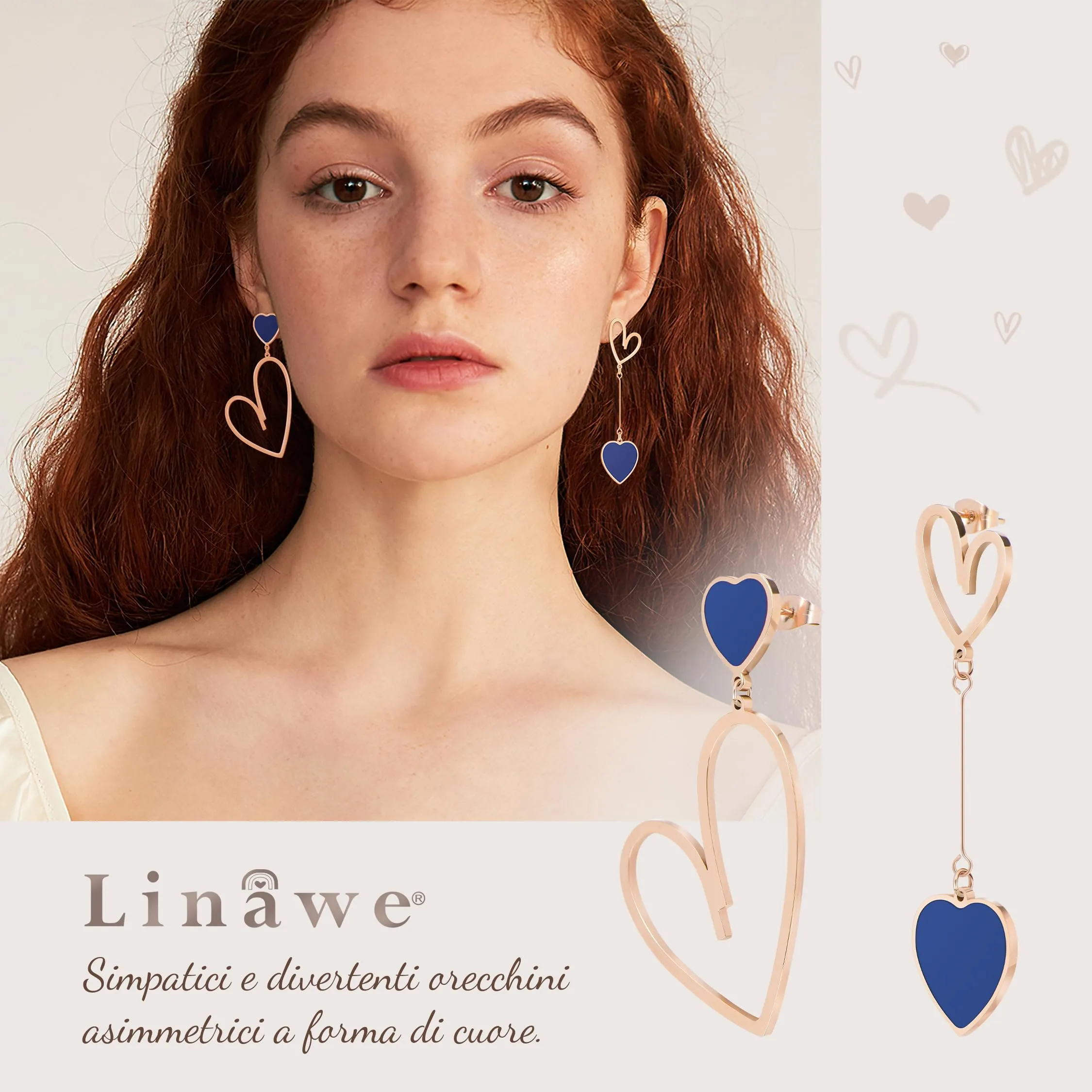 Linawe Orecchini a Cuore Pendenti Blu in Acciaio Inossidabile Oro Rosa - immagine 2