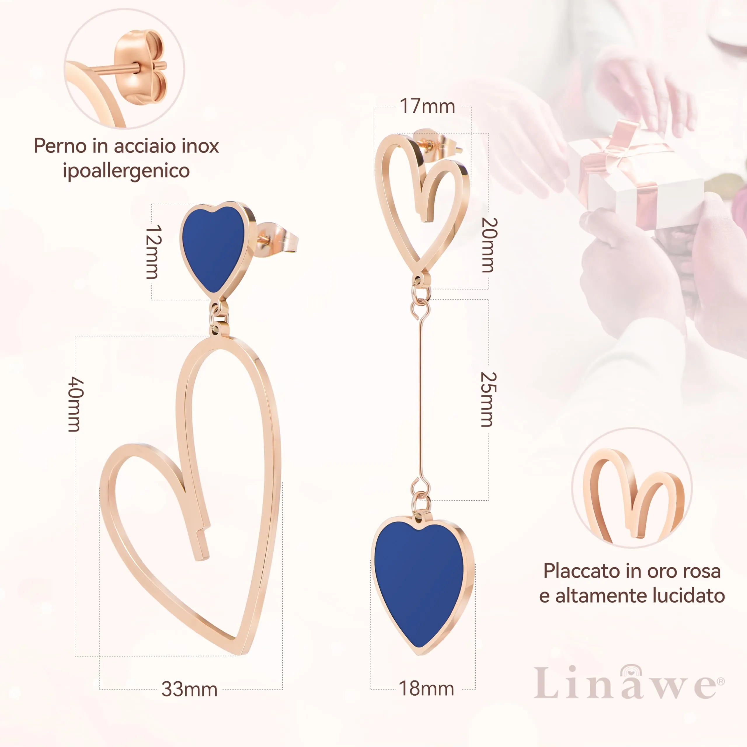 Linawe Orecchini a Cuore Pendenti Blu in Acciaio Inossidabile Oro Rosa - immagine 5