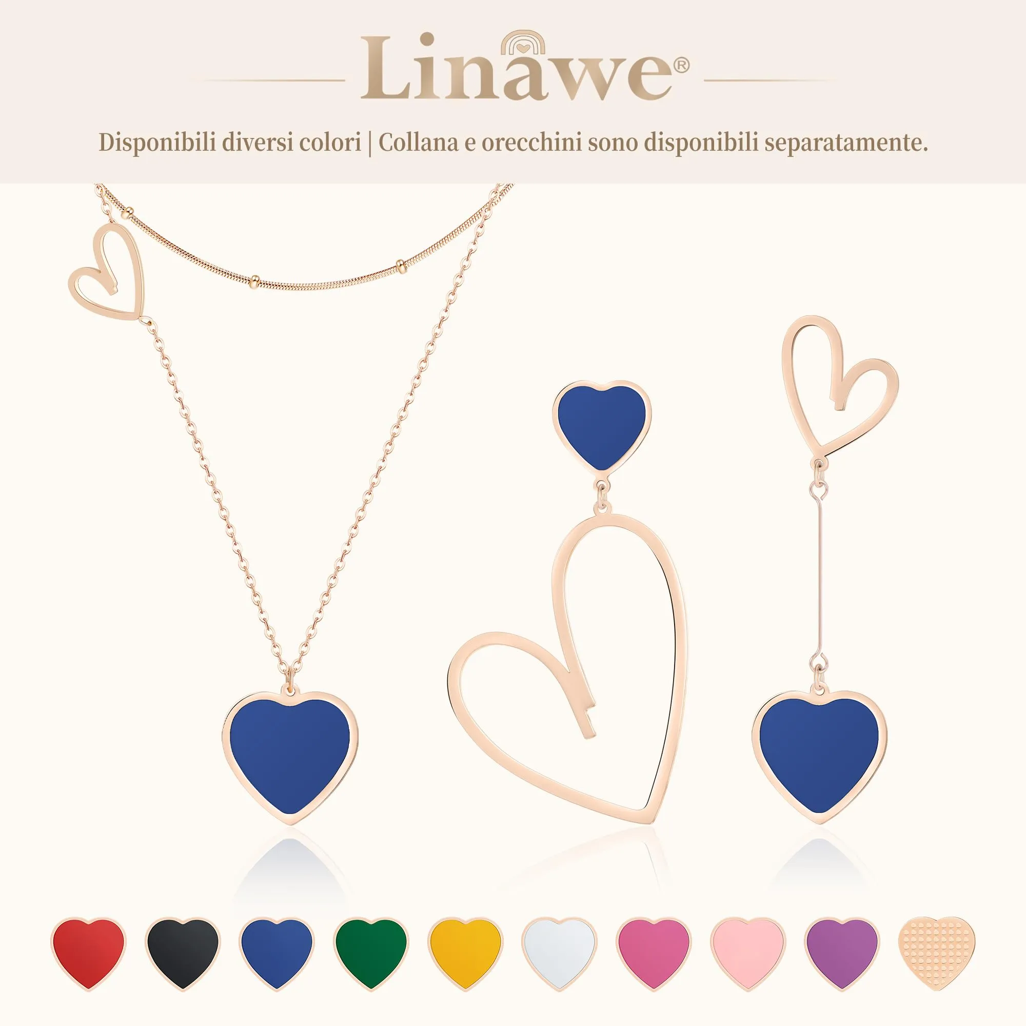 Linawe Orecchini a Cuore Pendenti Blu in Acciaio Inossidabile Oro Rosa - immagine 6