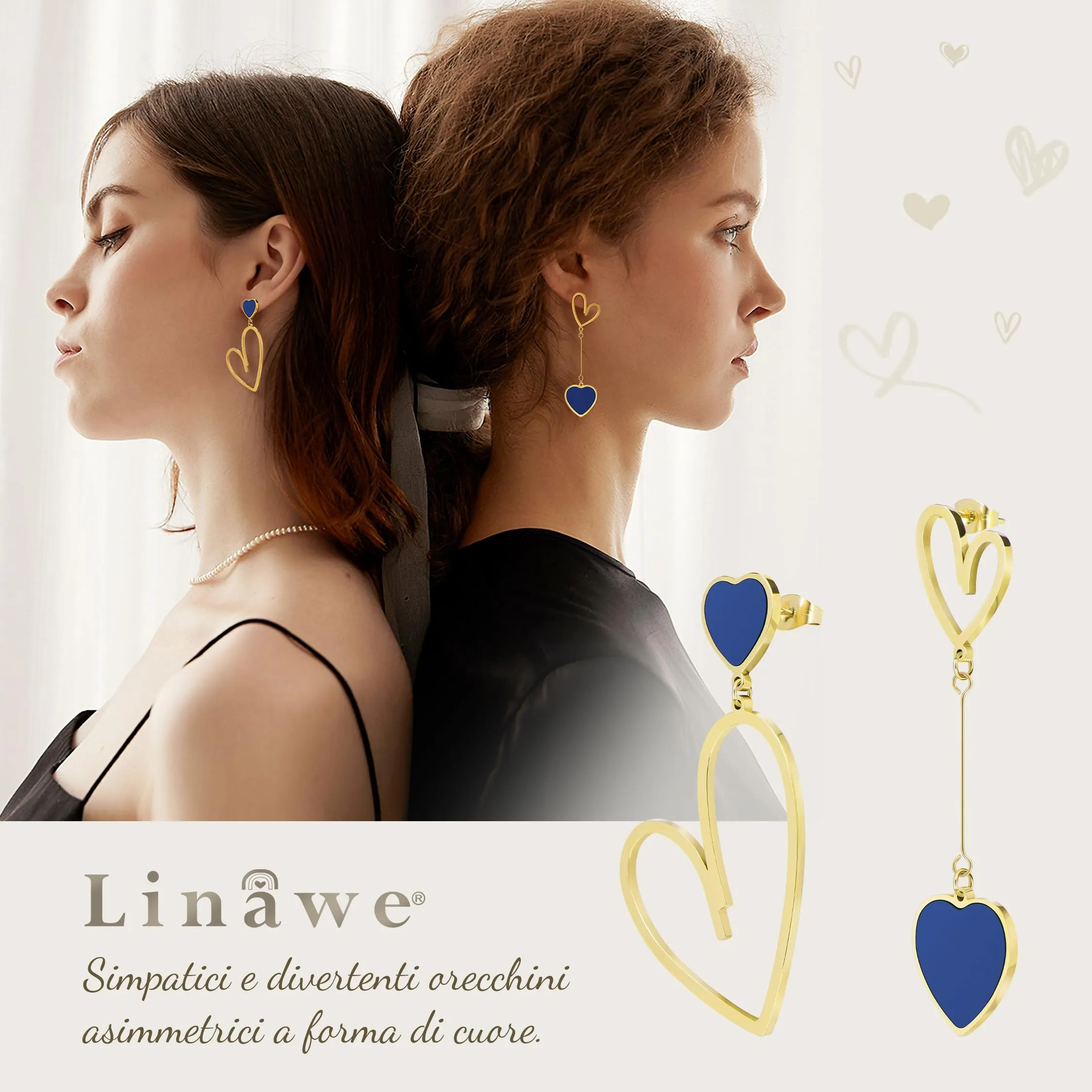 Linawe Orecchini Pendenti a Cuore Blu e Oro in Acciaio Inossidabile per Donna - immagine 2