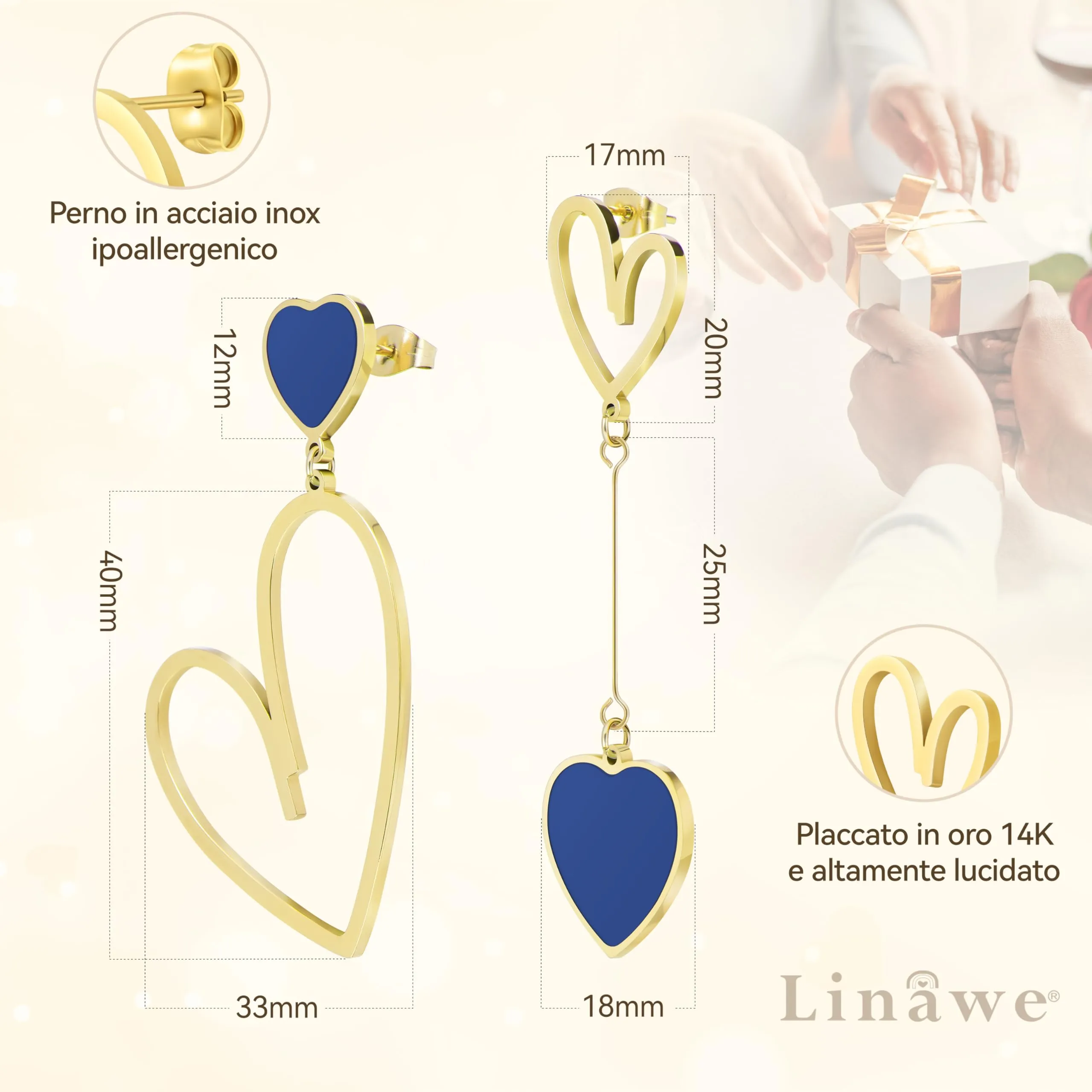 Linawe Orecchini Pendenti a Cuore Blu e Oro in Acciaio Inossidabile per Donna - immagine 5