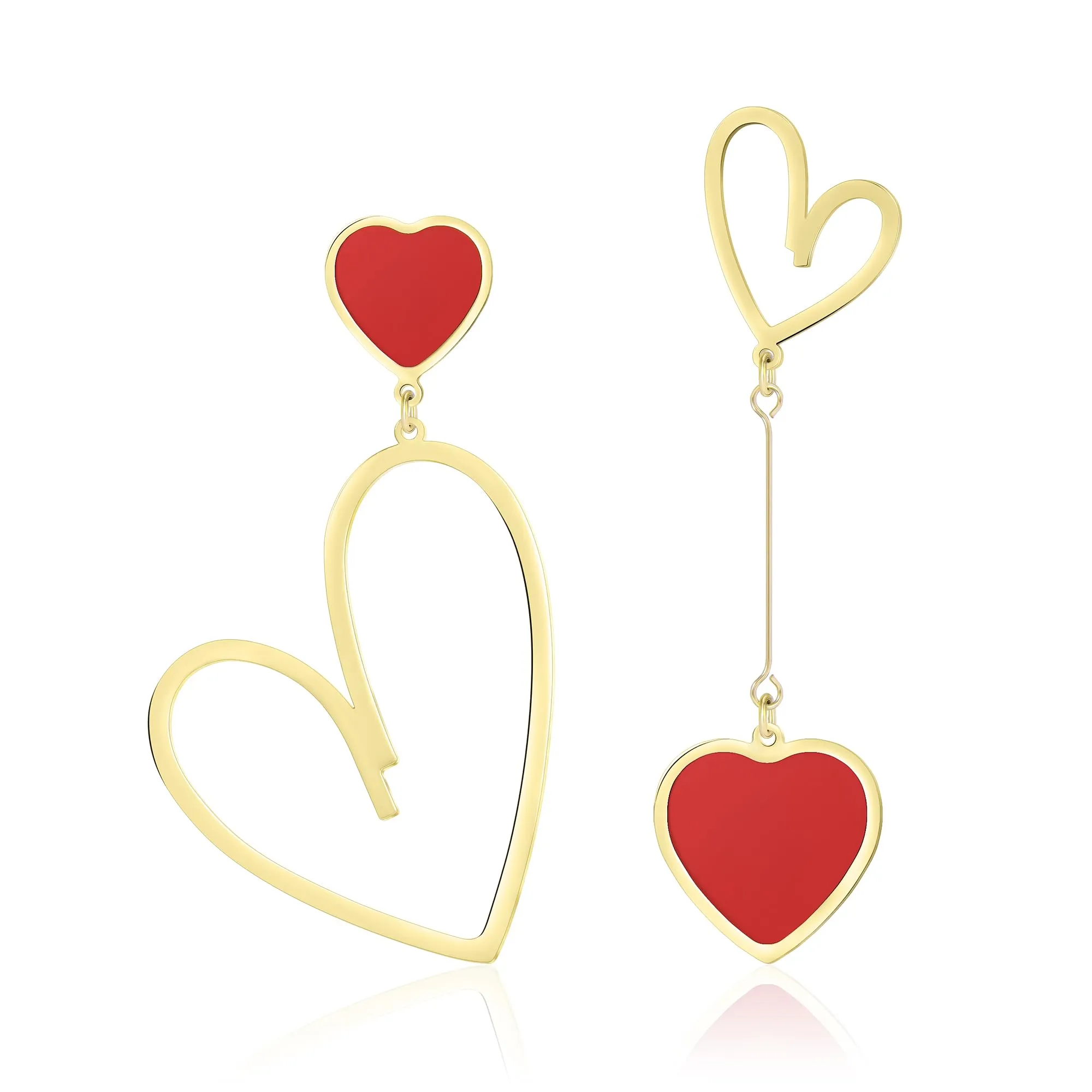 Linawe Orecchini pendenti asimmetrici a cuore in acciaio inossidabile placcato oro 14k, Rosso - immagine 1