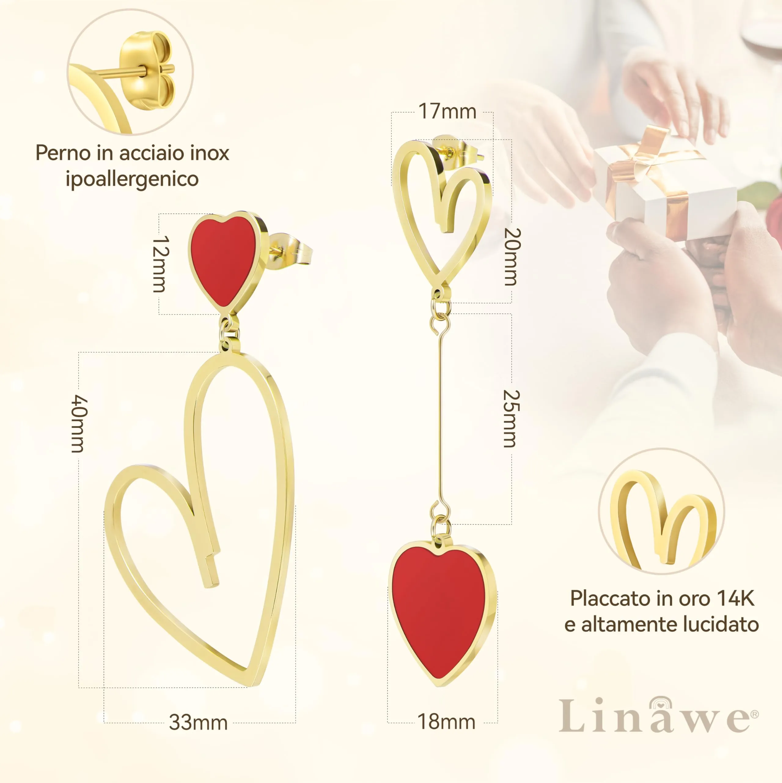 Linawe Orecchini pendenti asimmetrici a cuore in acciaio inossidabile placcato oro 14k, Rosso - immagine 5