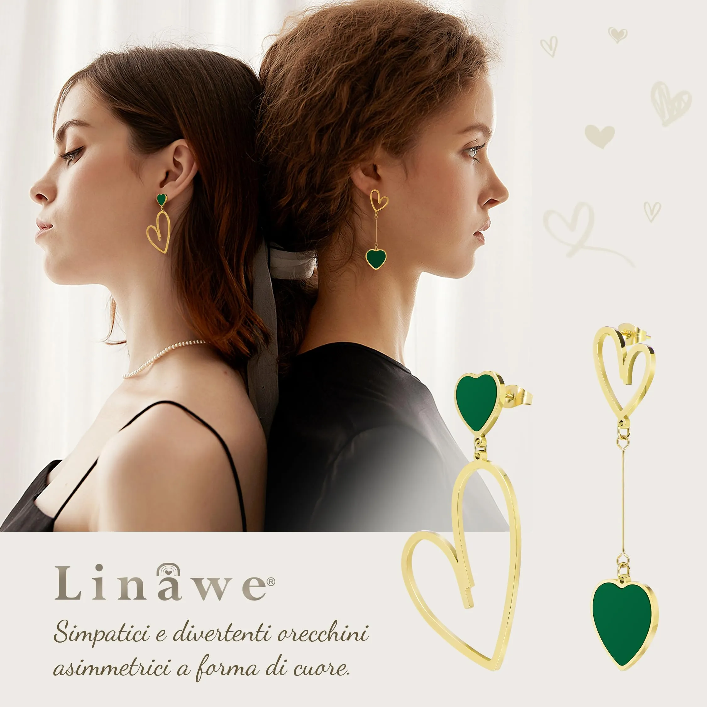 Linawe Orecchini a cuore verde in acciaio inossidabile placcati oro - immagine 2