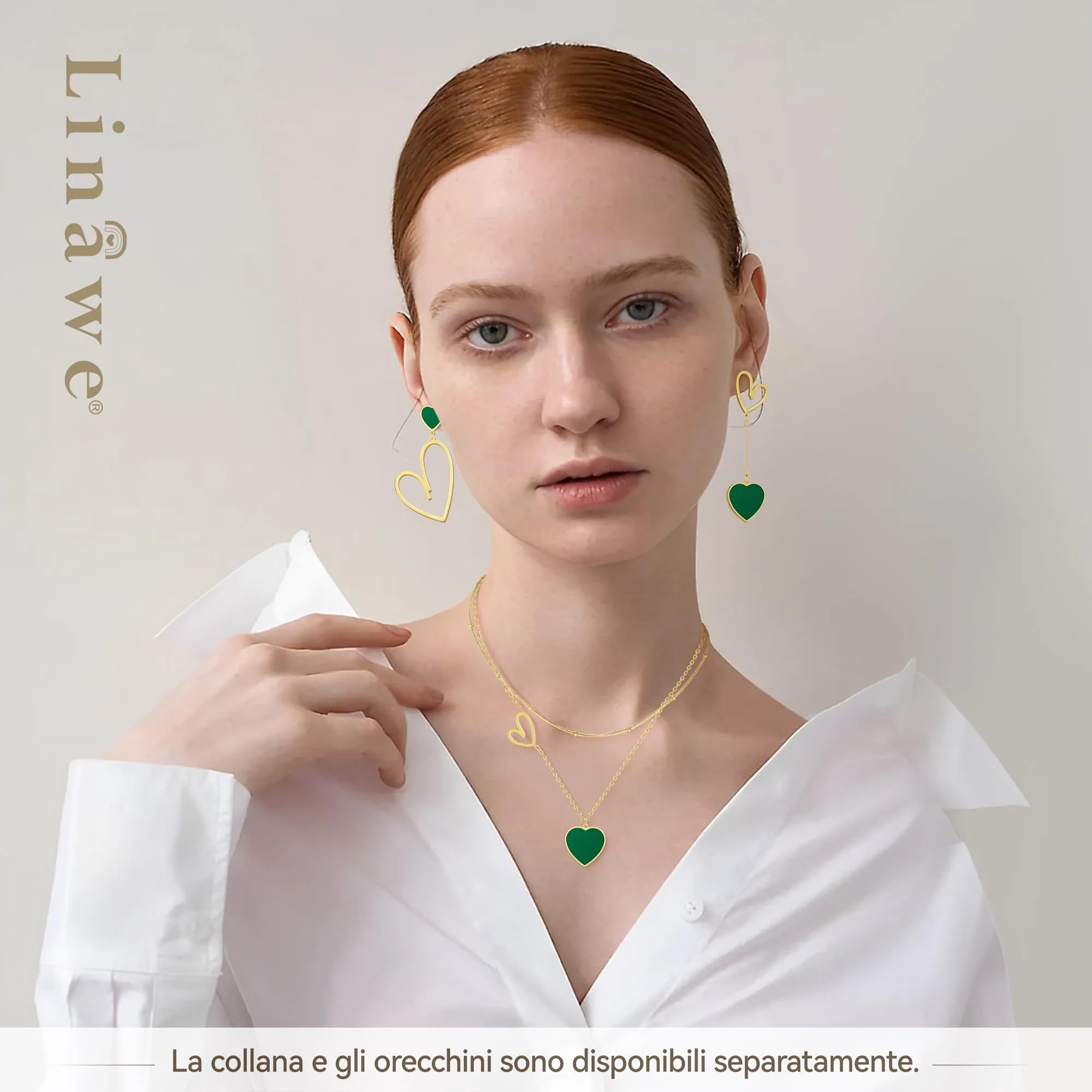 Linawe Orecchini a cuore verde in acciaio inossidabile placcati oro - immagine 4