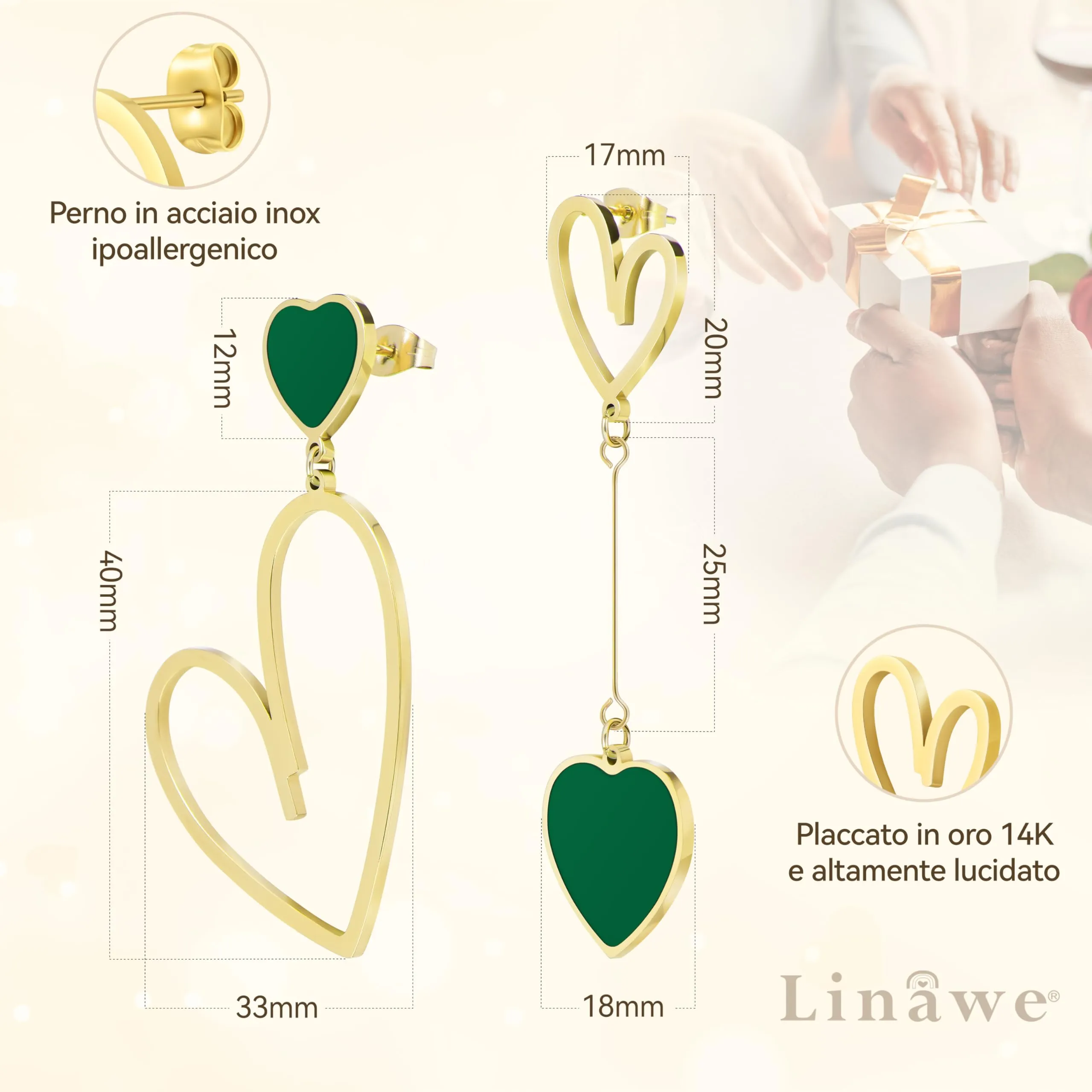 Linawe Orecchini a cuore verde in acciaio inossidabile placcati oro - immagine 5