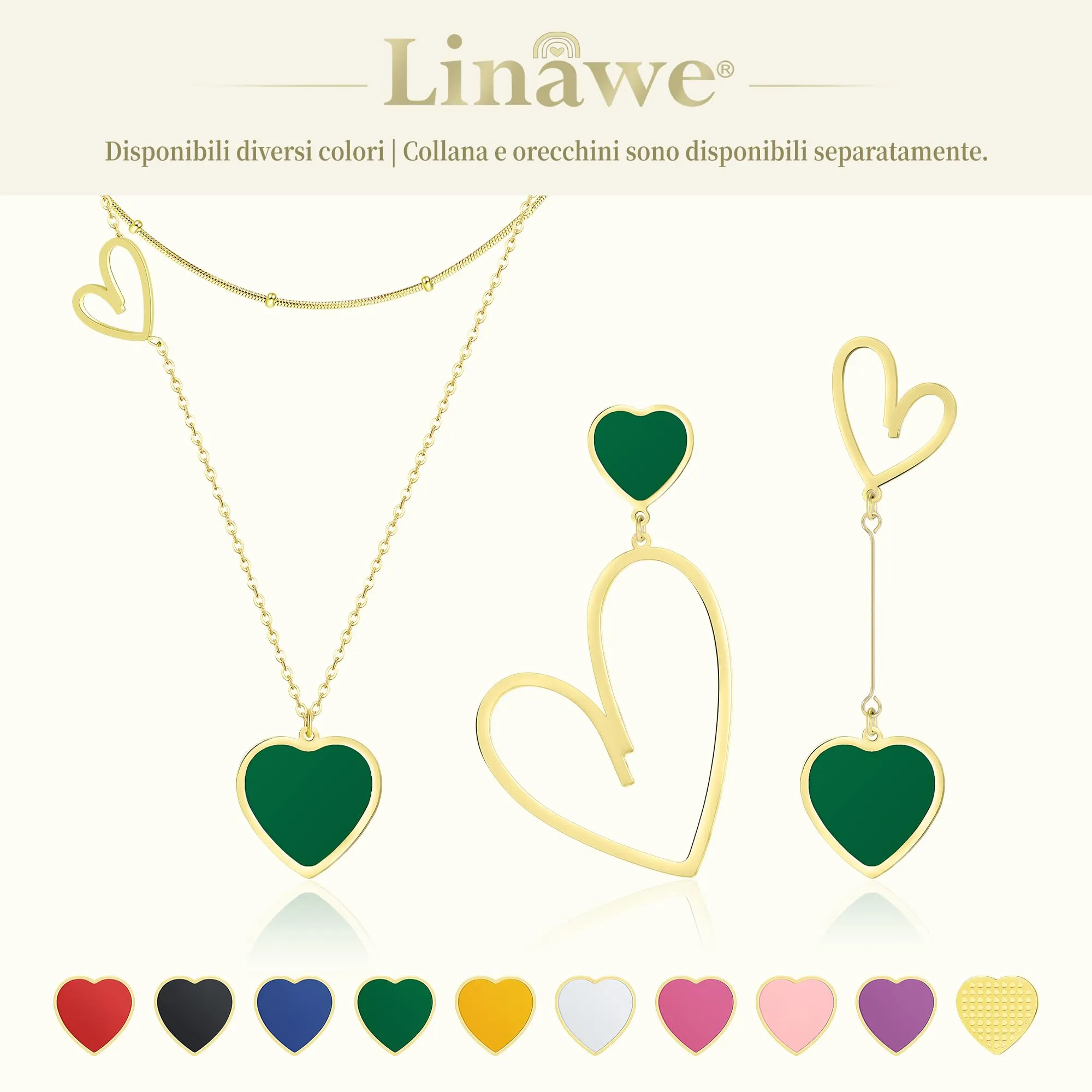 Linawe Orecchini a cuore verde in acciaio inossidabile placcati oro - immagine 6