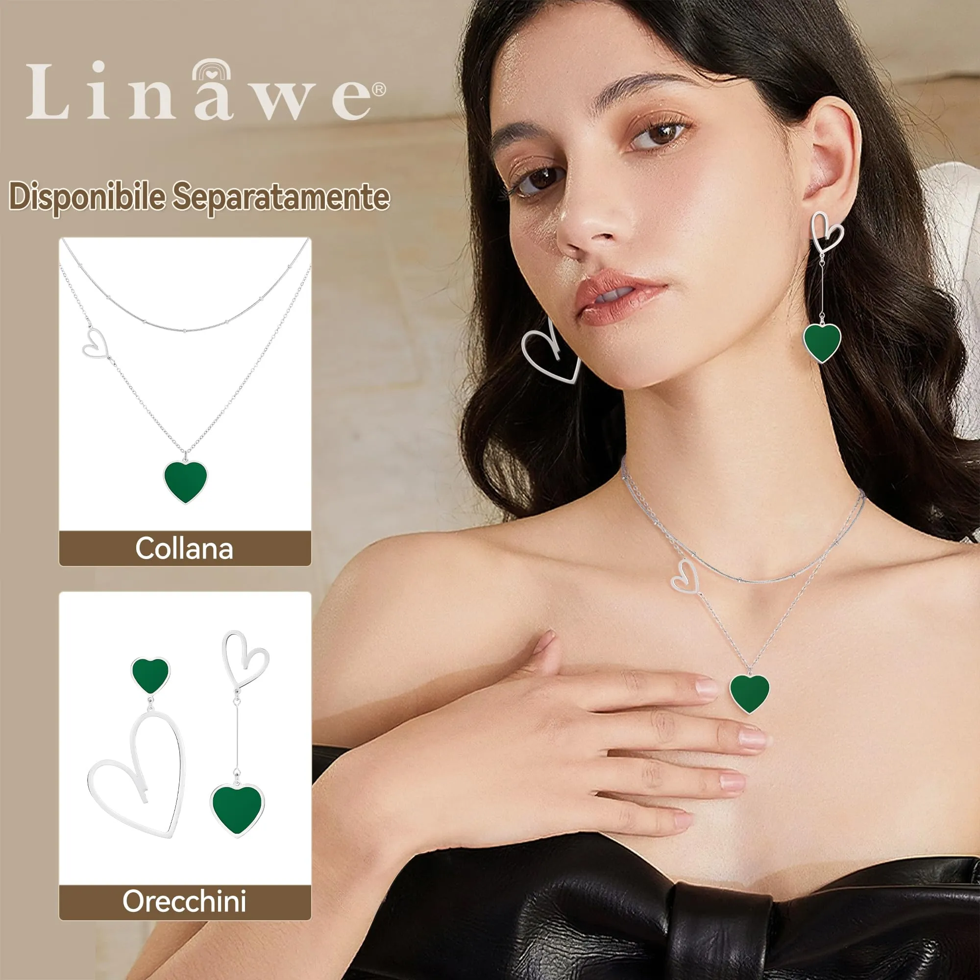 Linawe Orecchini Pendenti a Cuore Verde in Argento e Acciaio Inossidabile da Donna - immagine 3
