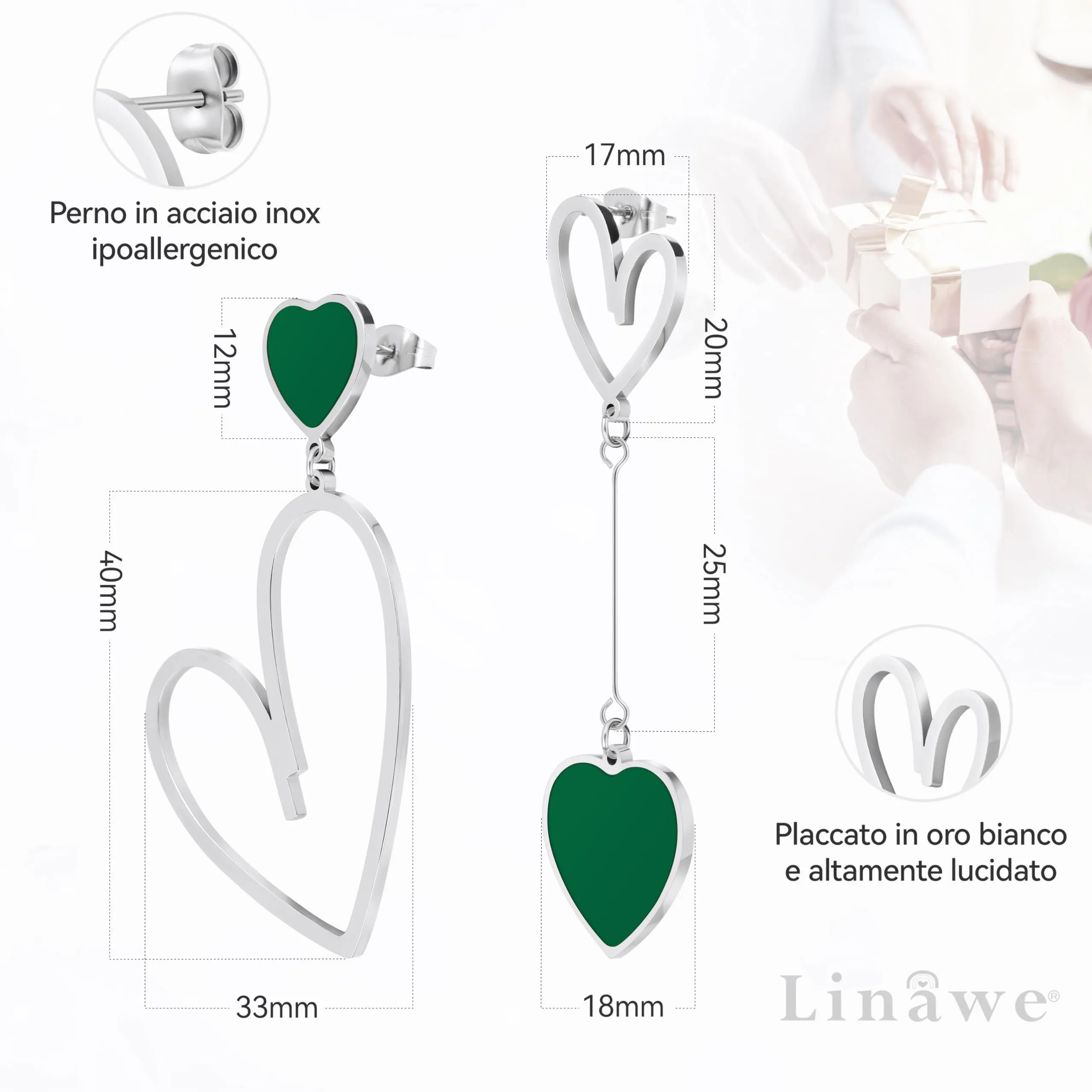Linawe Orecchini Pendenti a Cuore Verde in Argento e Acciaio Inossidabile da Donna - immagine 5