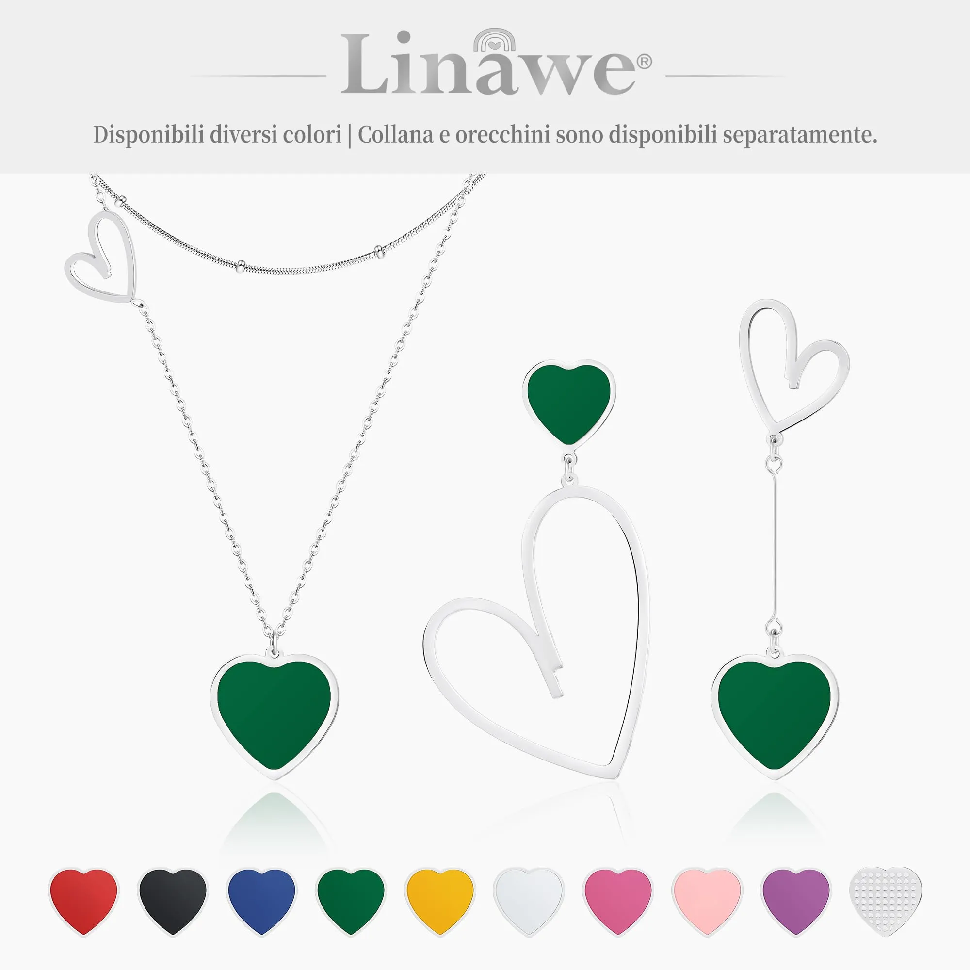 Linawe Orecchini Pendenti a Cuore Verde in Argento e Acciaio Inossidabile da Donna - immagine 6