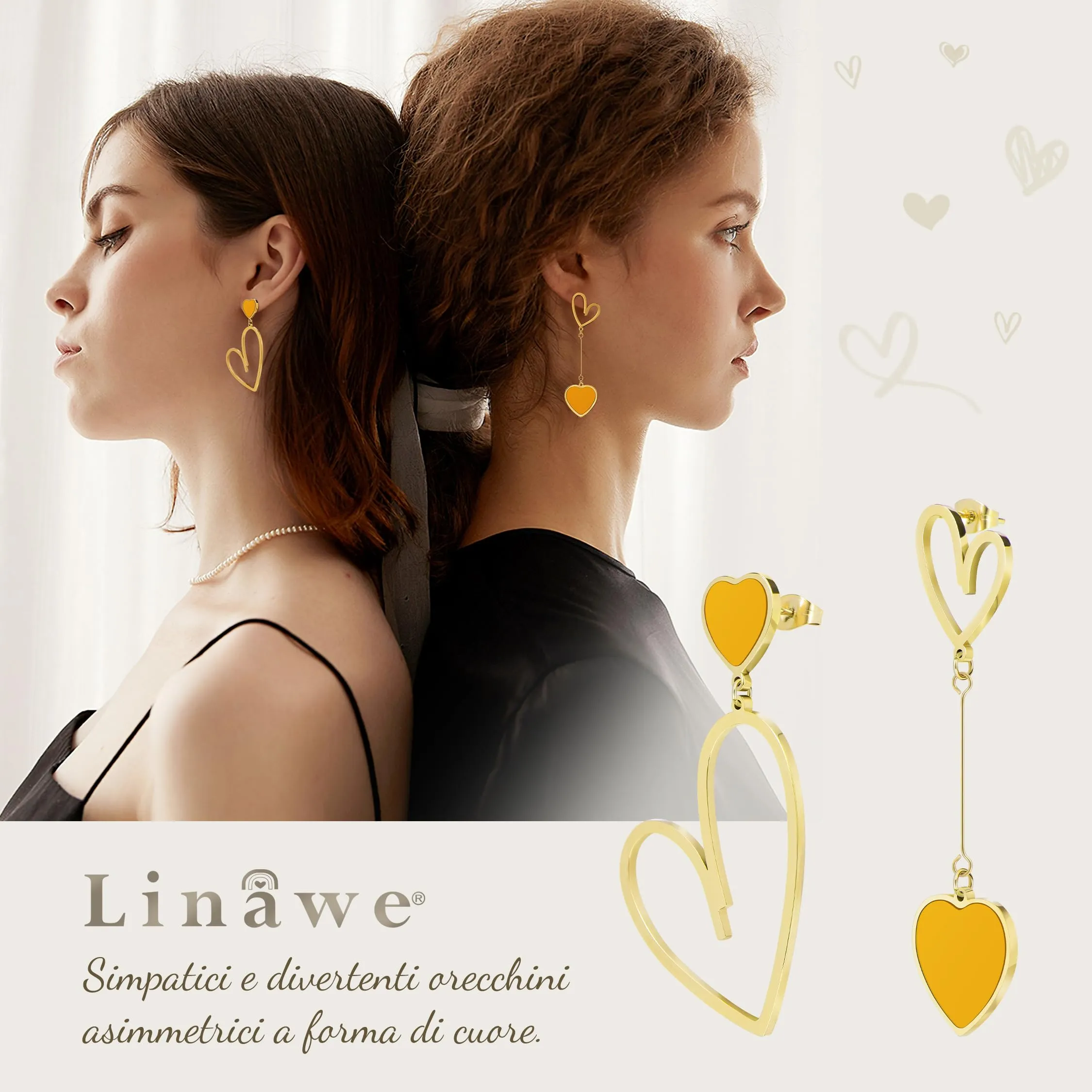 Linawe Orecchini pendenti a cuore in acciaio inossidabile placcati oro 14k, Giallo - immagine 2