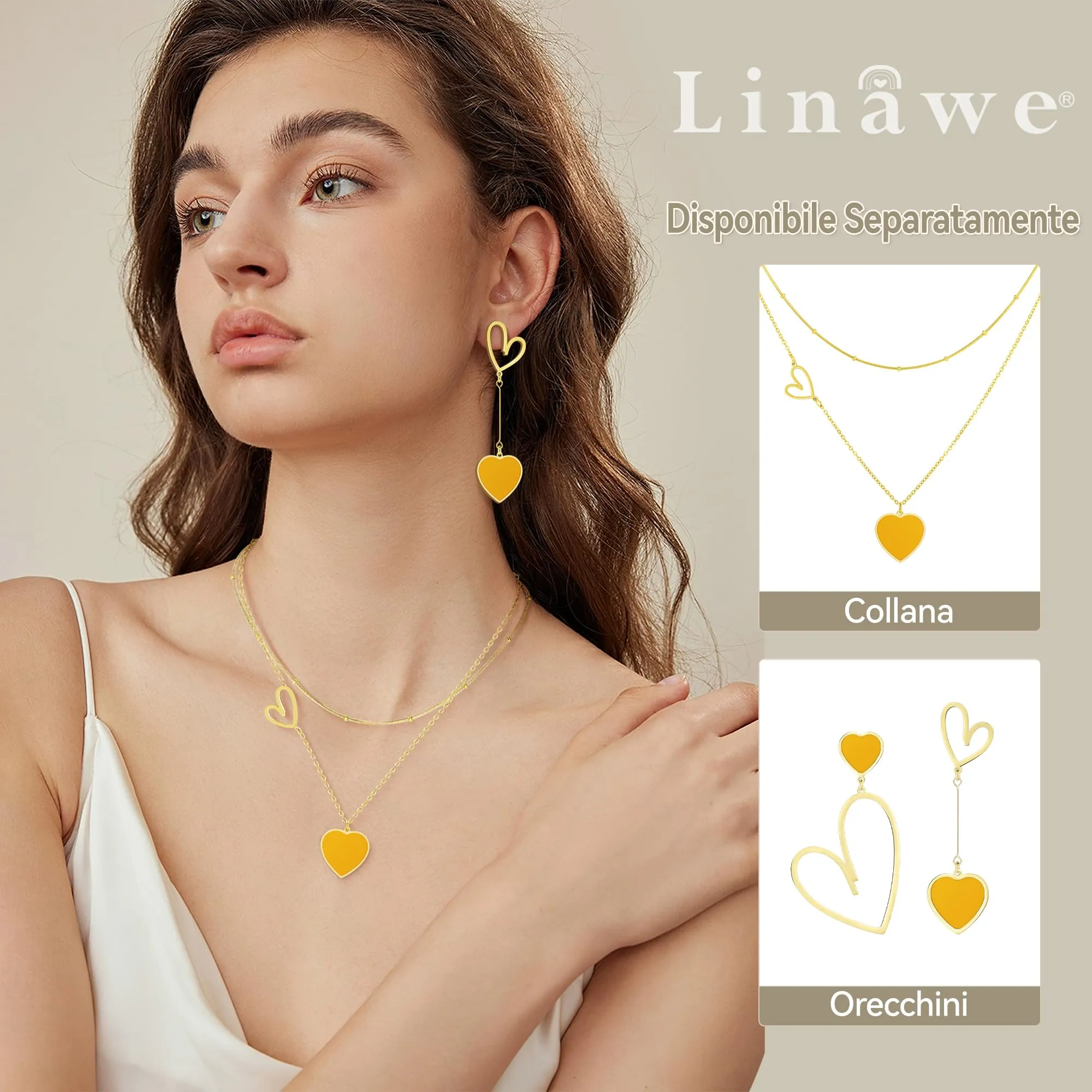 Linawe Orecchini pendenti a cuore in acciaio inossidabile placcati oro 14k, Giallo - immagine 3