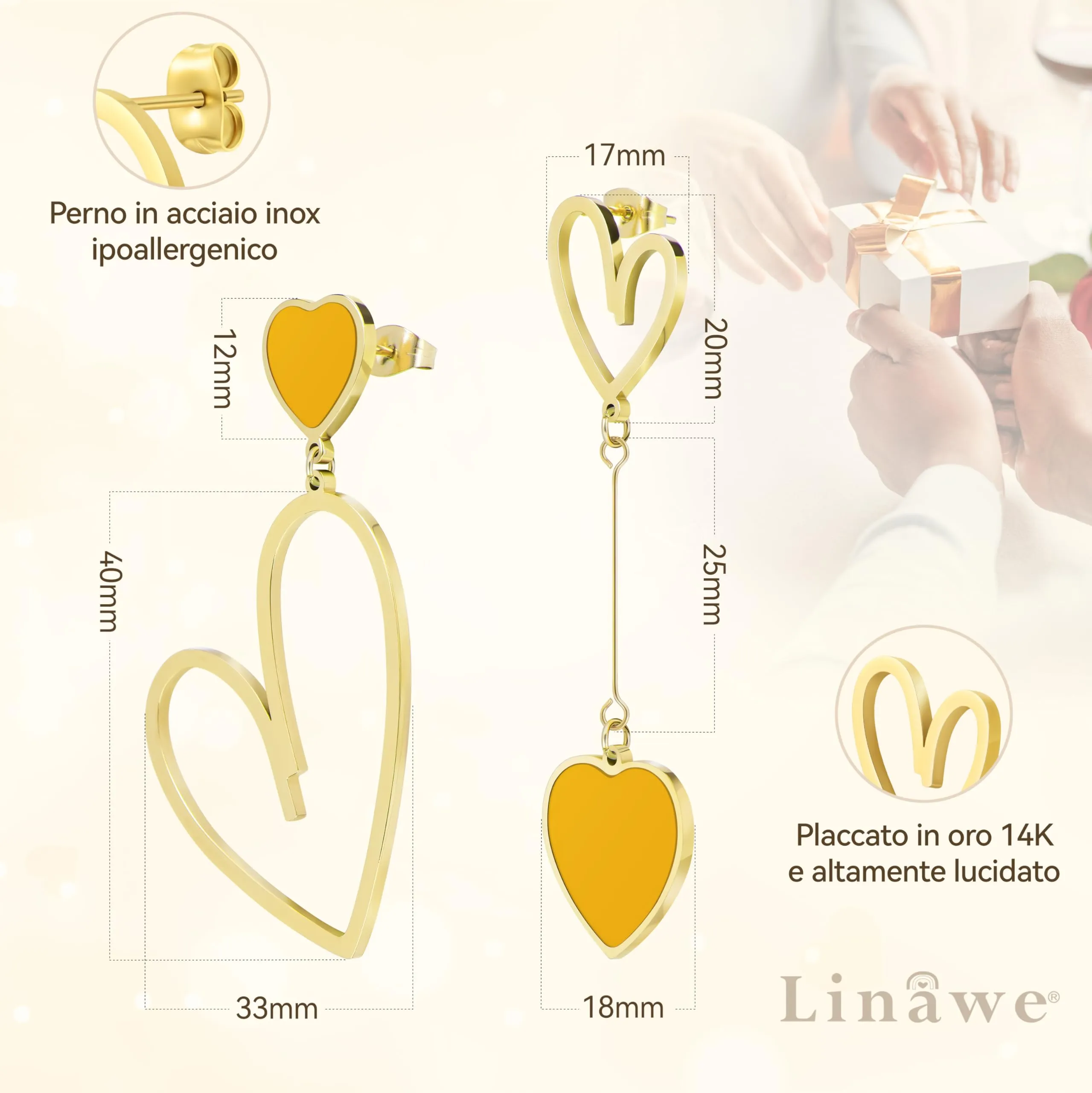 Linawe Orecchini pendenti a cuore in acciaio inossidabile placcati oro 14k, Giallo - immagine 5