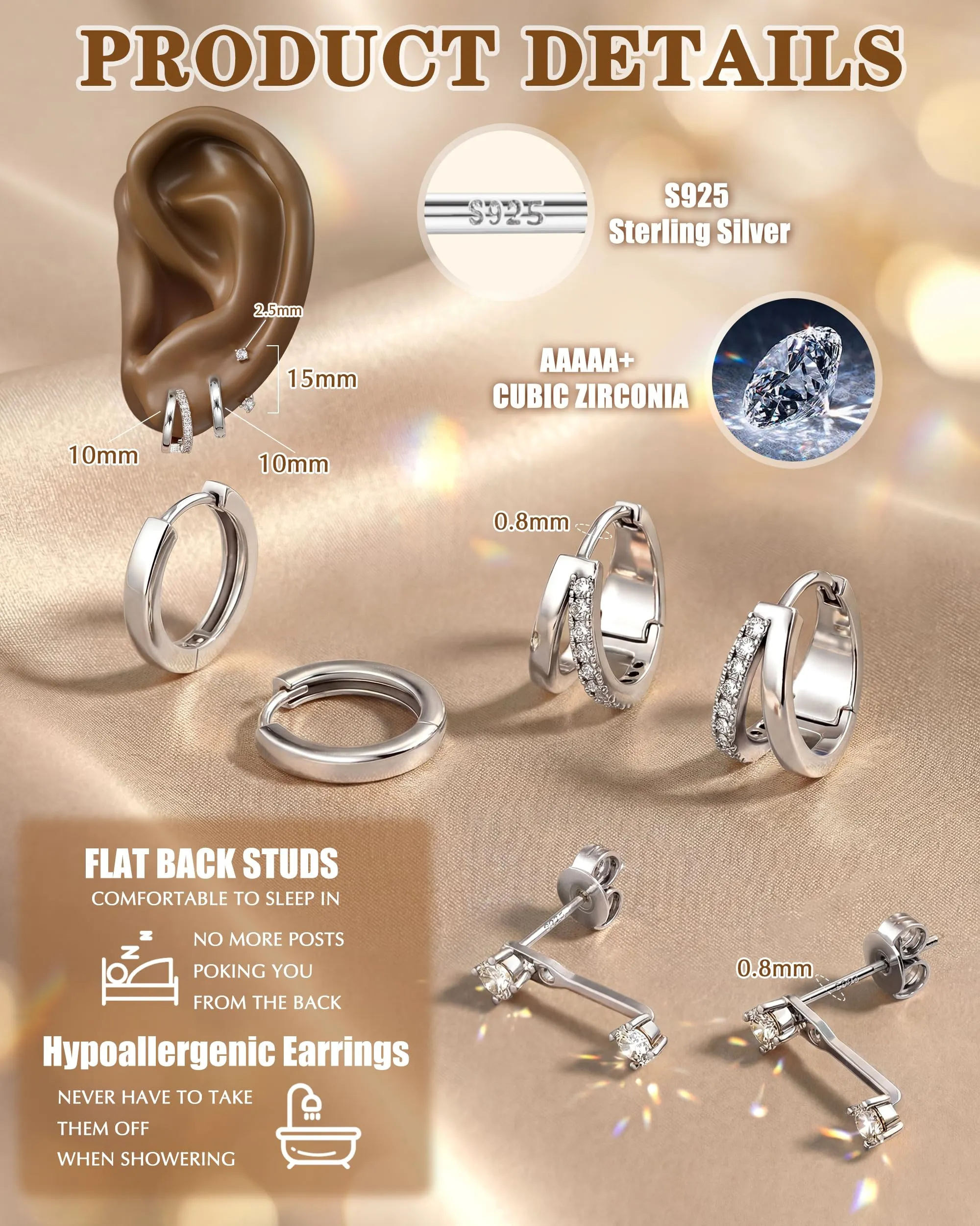 LOLIAS Set 3 Paia Orecchini a Cerchio in Argento 925 per Donna e Ragazze, 10mm - immagine 4