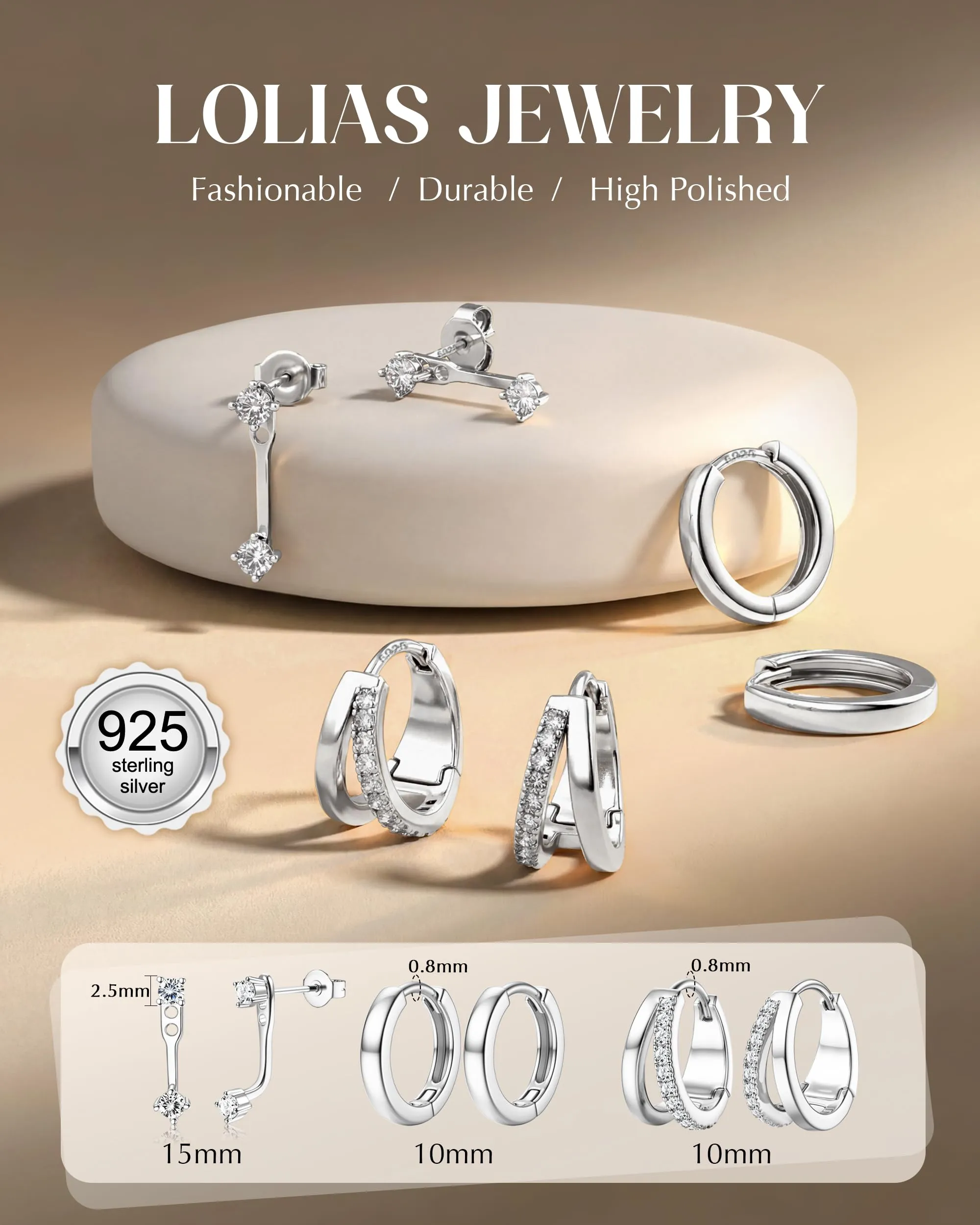 LOLIAS Set 3 Paia Orecchini a Cerchio in Argento 925 per Donna e Ragazze, 10mm - immagine 5