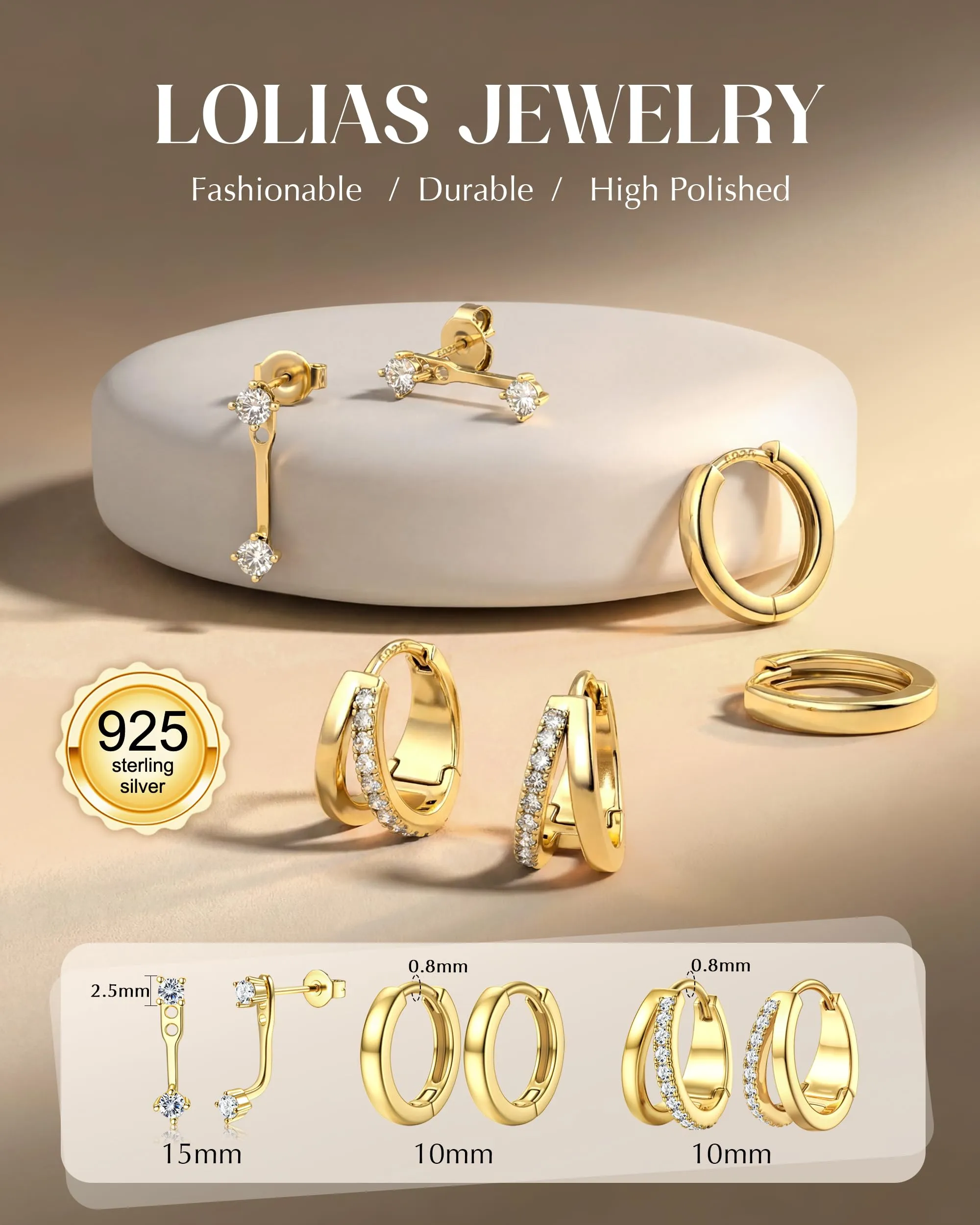 LOLIAS Set di 3 Paia di Orecchini Donna in Argento 925 Color Oro Anallergici - immagine 5
