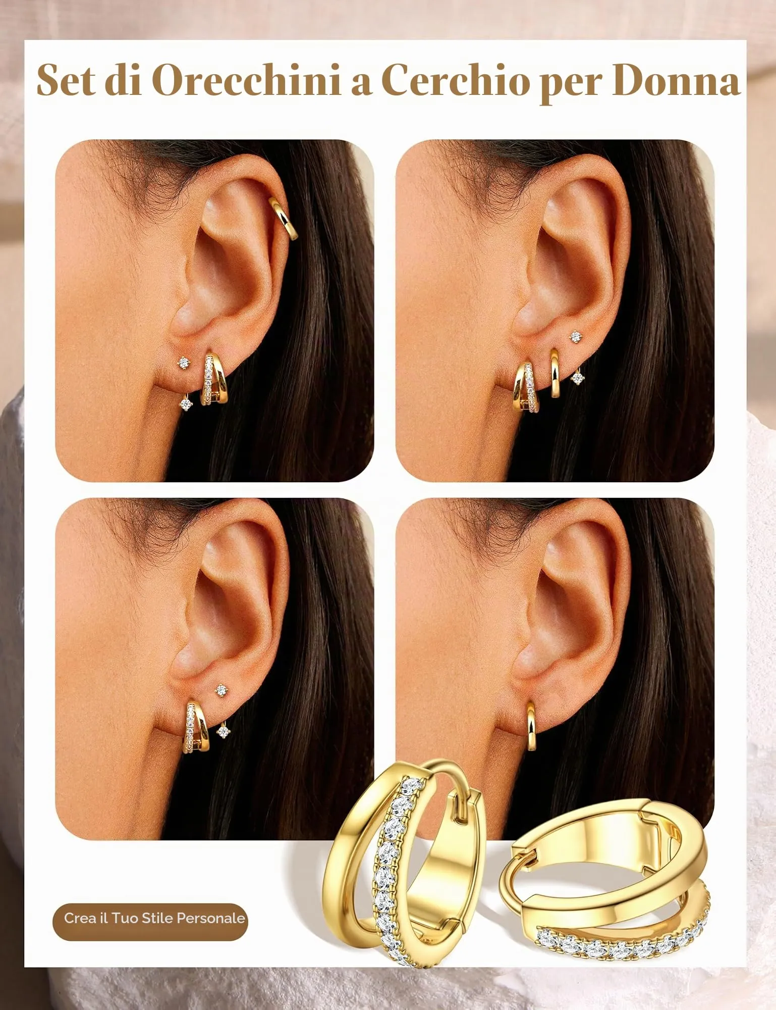 Finrezio Set 3 Paia Orecchini Donna Cerchio e Bottone Oro 10 mm - immagine 2