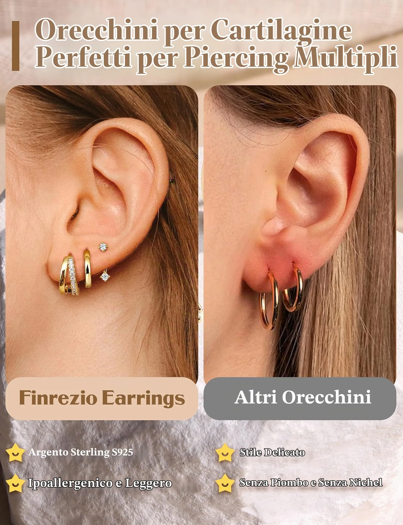 Finrezio Set 3 Paia Orecchini Donna Cerchio e Bottone Oro 10 mm - immagine 4