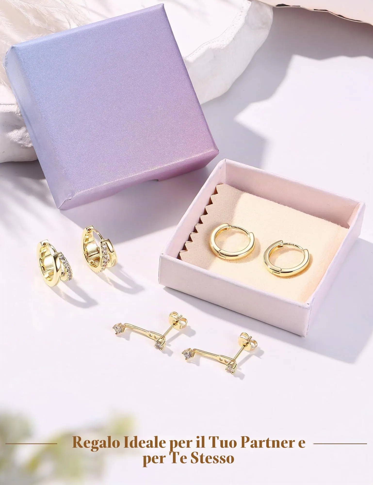 Finrezio Set 3 Paia Orecchini Donna Cerchio e Bottone Oro 10 mm - immagine 5
