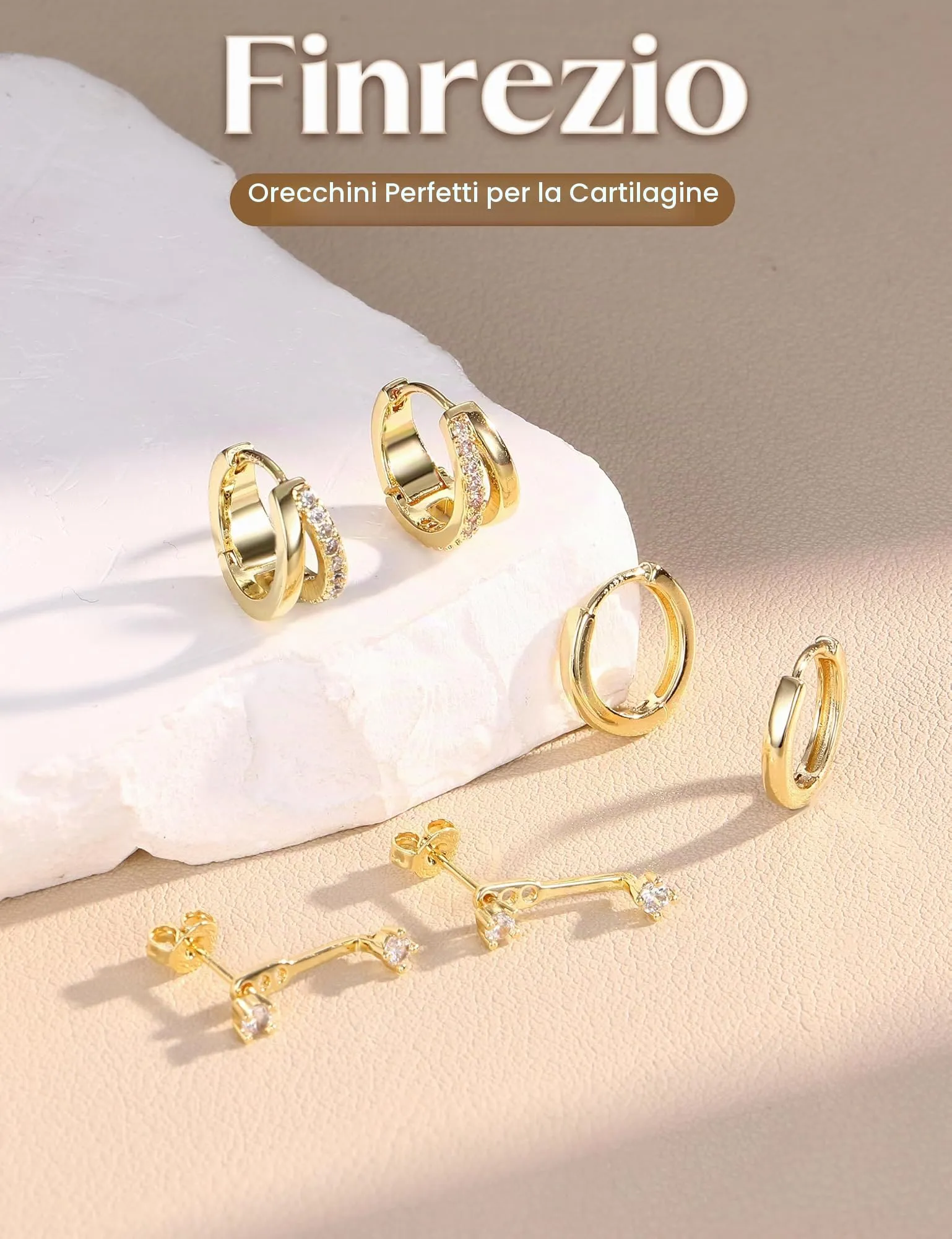 Finrezio Set 3 Paia Orecchini Donna Cerchio e Bottone Oro 10 mm - immagine 6