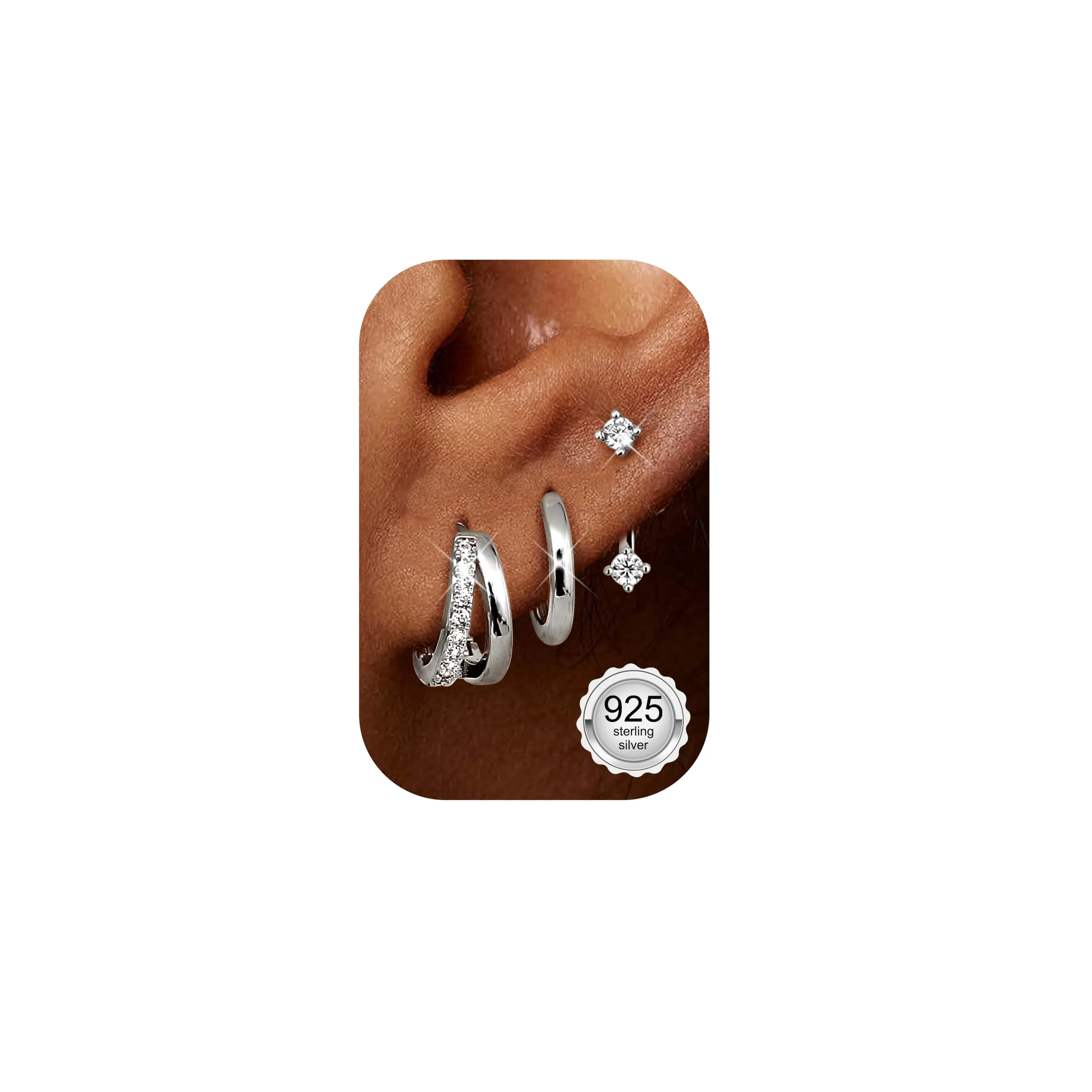 Finrezio Set 3 Paia Orecchini a Cerchio Huggie in Argento 925, 10 mm - immagine 1