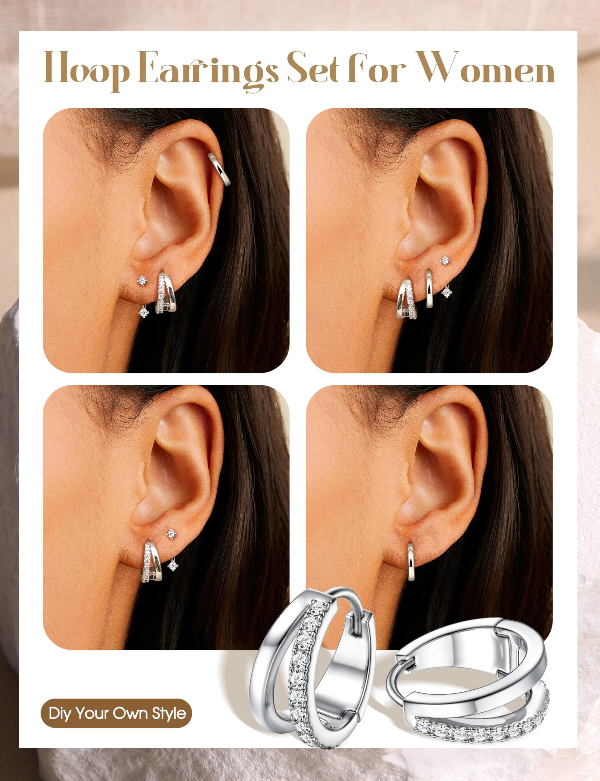 Finrezio Set 3 Paia Orecchini a Cerchio Huggie in Argento 925, 10 mm - immagine 2