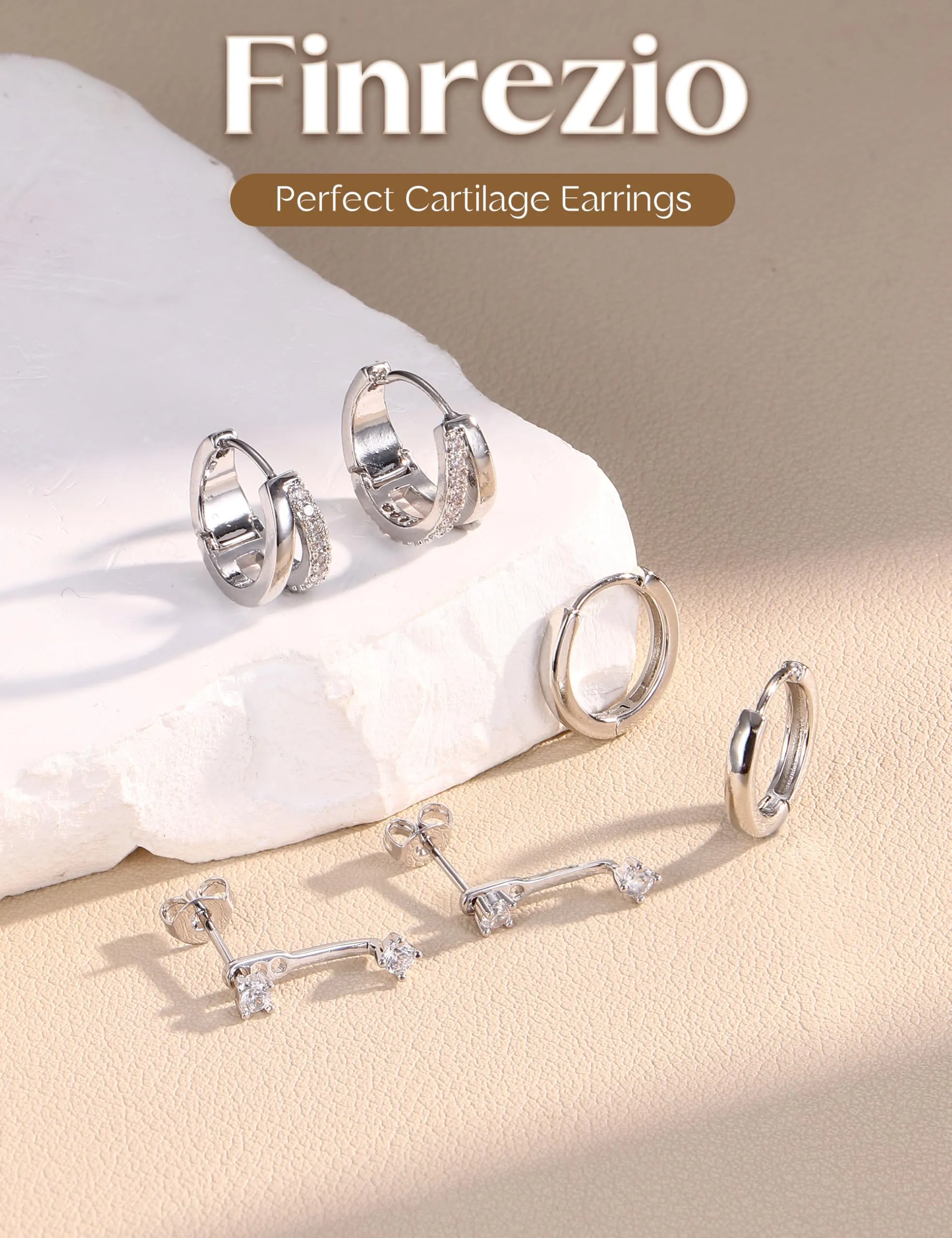 Finrezio Set 3 Paia Orecchini a Cerchio Huggie in Argento 925, 10 mm - immagine 6