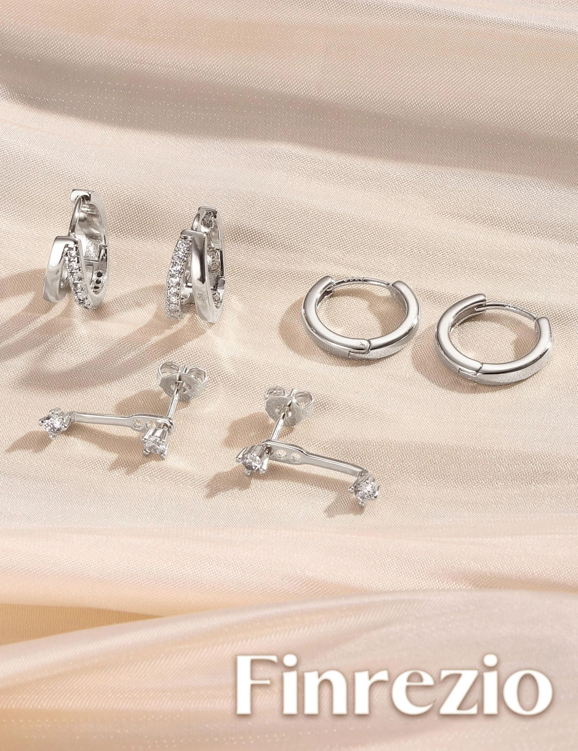 Finrezio Set 3 Paia Orecchini a Cerchio Huggie in Argento 925, 10 mm - immagine 7