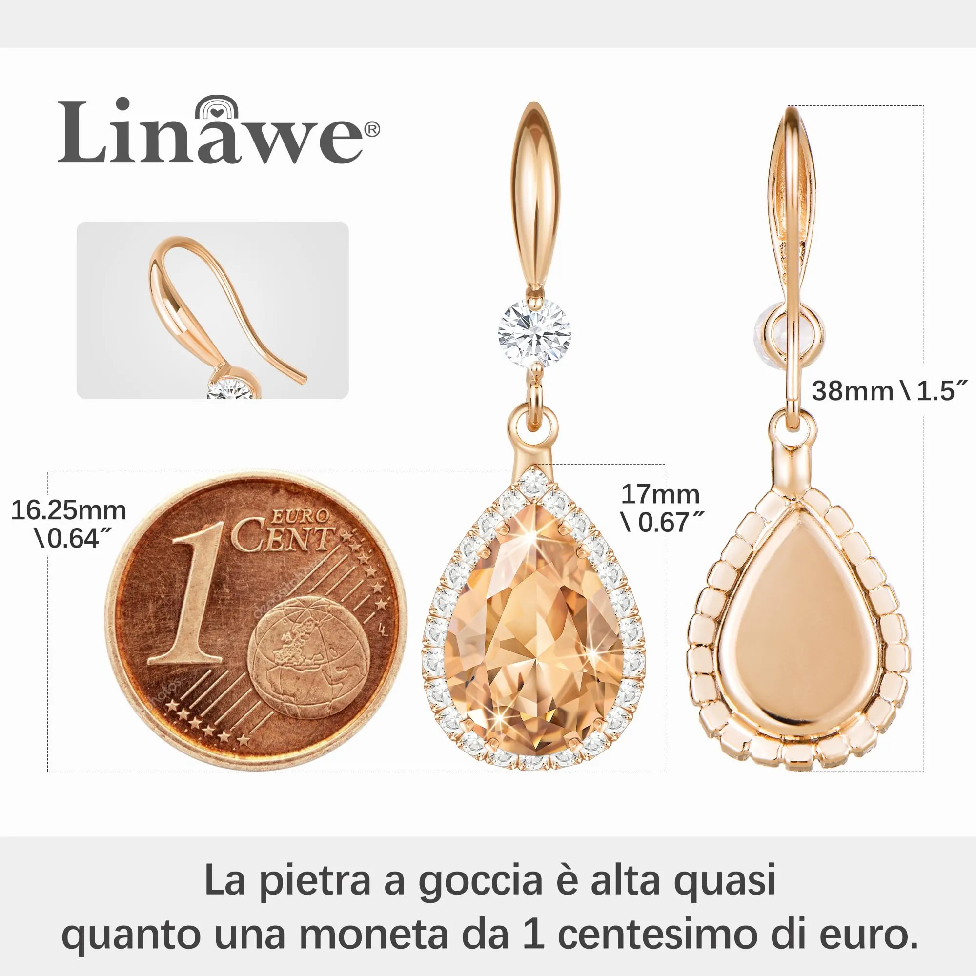 Linawe Orecchini pendenti in oro rosa con cristalli di topazio champagne e moissanite - immagine 2