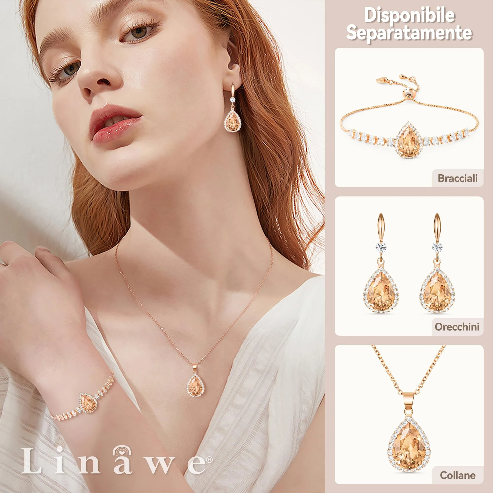 Linawe Orecchini pendenti in oro rosa con cristalli di topazio champagne e moissanite - immagine 3