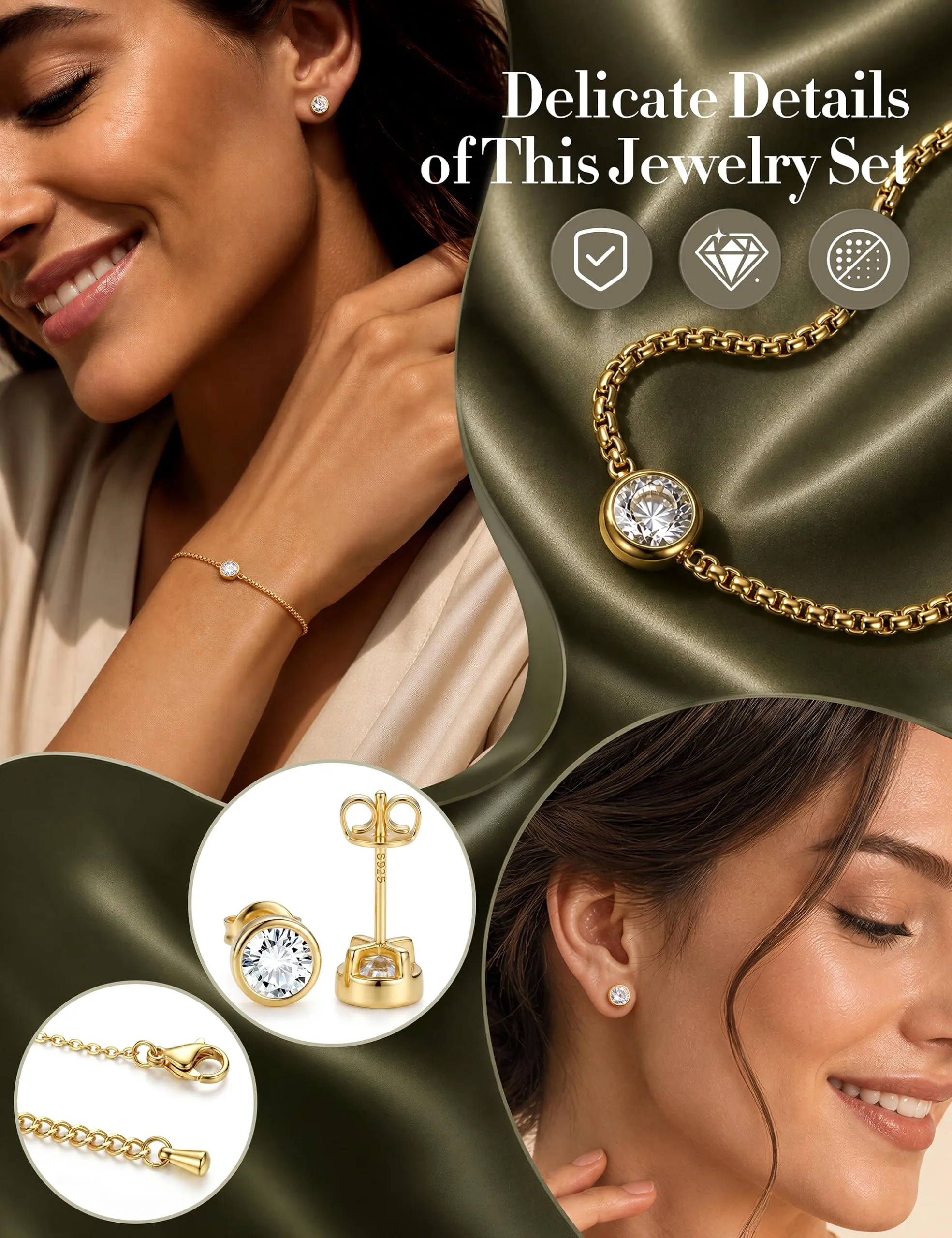 YADOCA Parure Gioielli Donna Set Collana, Bracciale e Orecchini in Acciaio Inossidabile e Argento 925 Placcati Oro 14K - immagine 2