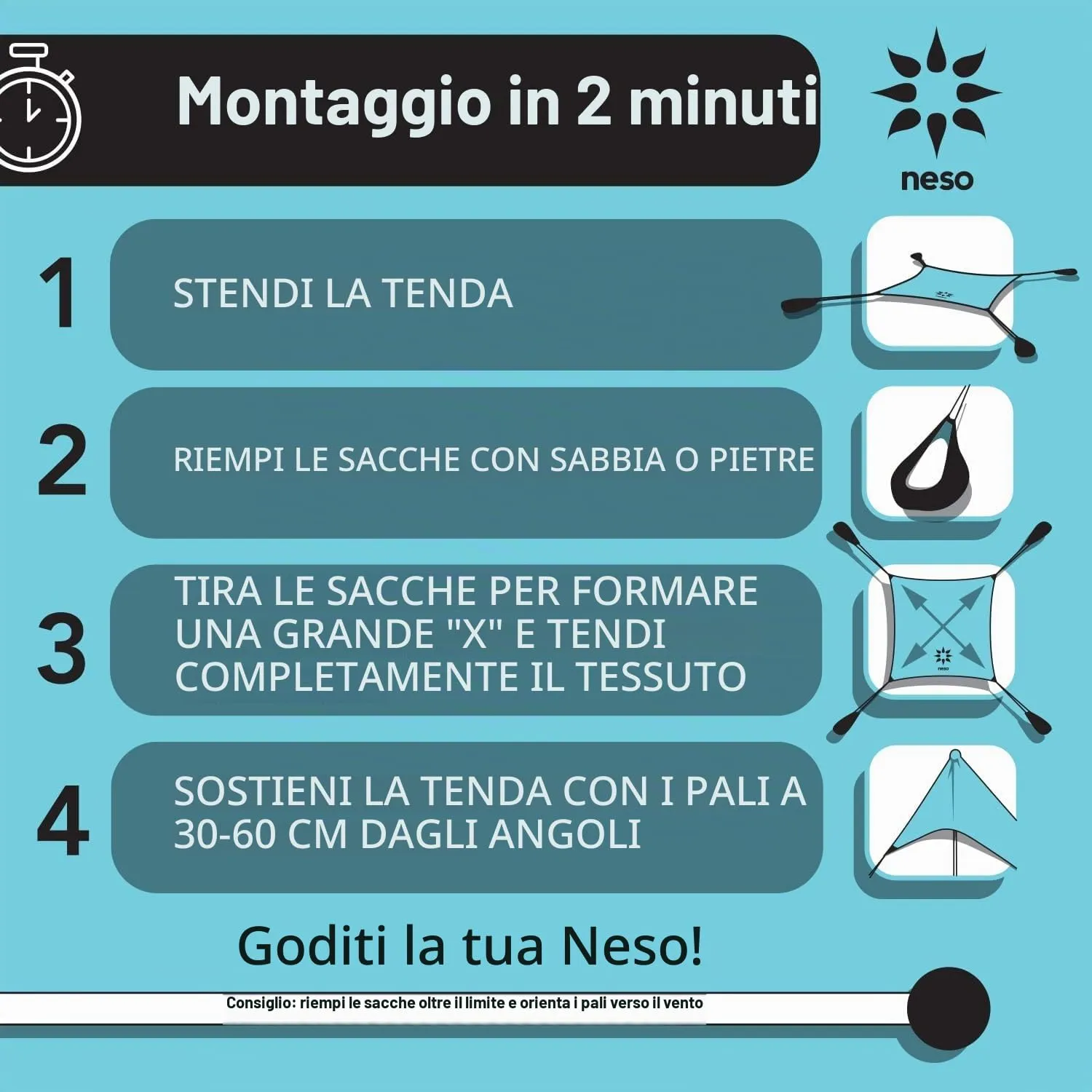 Neso Tenda da Spiaggia con Ancoraggio a Sabbia, 2.1m x 2.1m, Limone - immagine 4