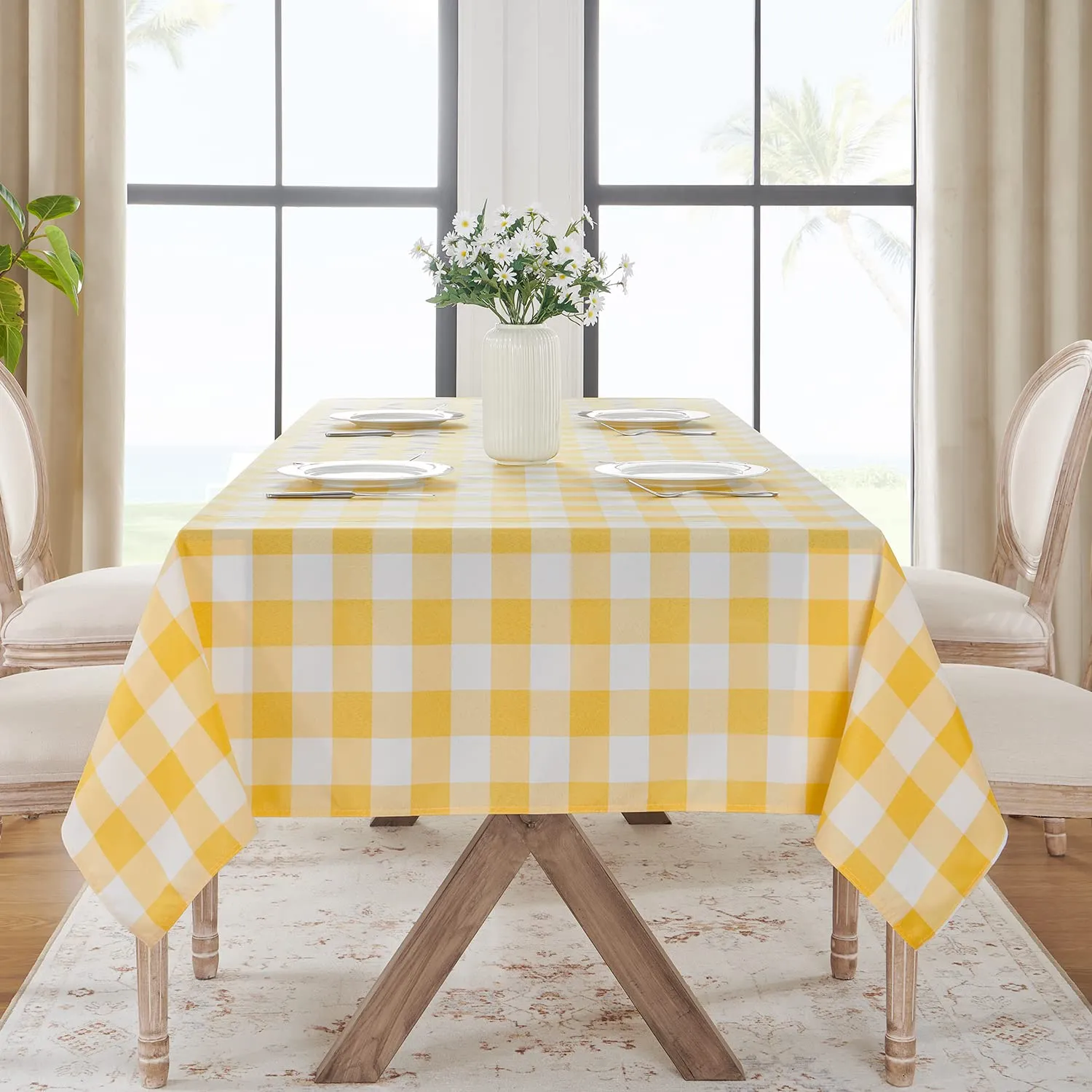 Softalker Tovaglia rettangolare a quadri scozzesi impermeabile e antimacchia, 152 x 259 cm, Giallo e bianco - immagine 8