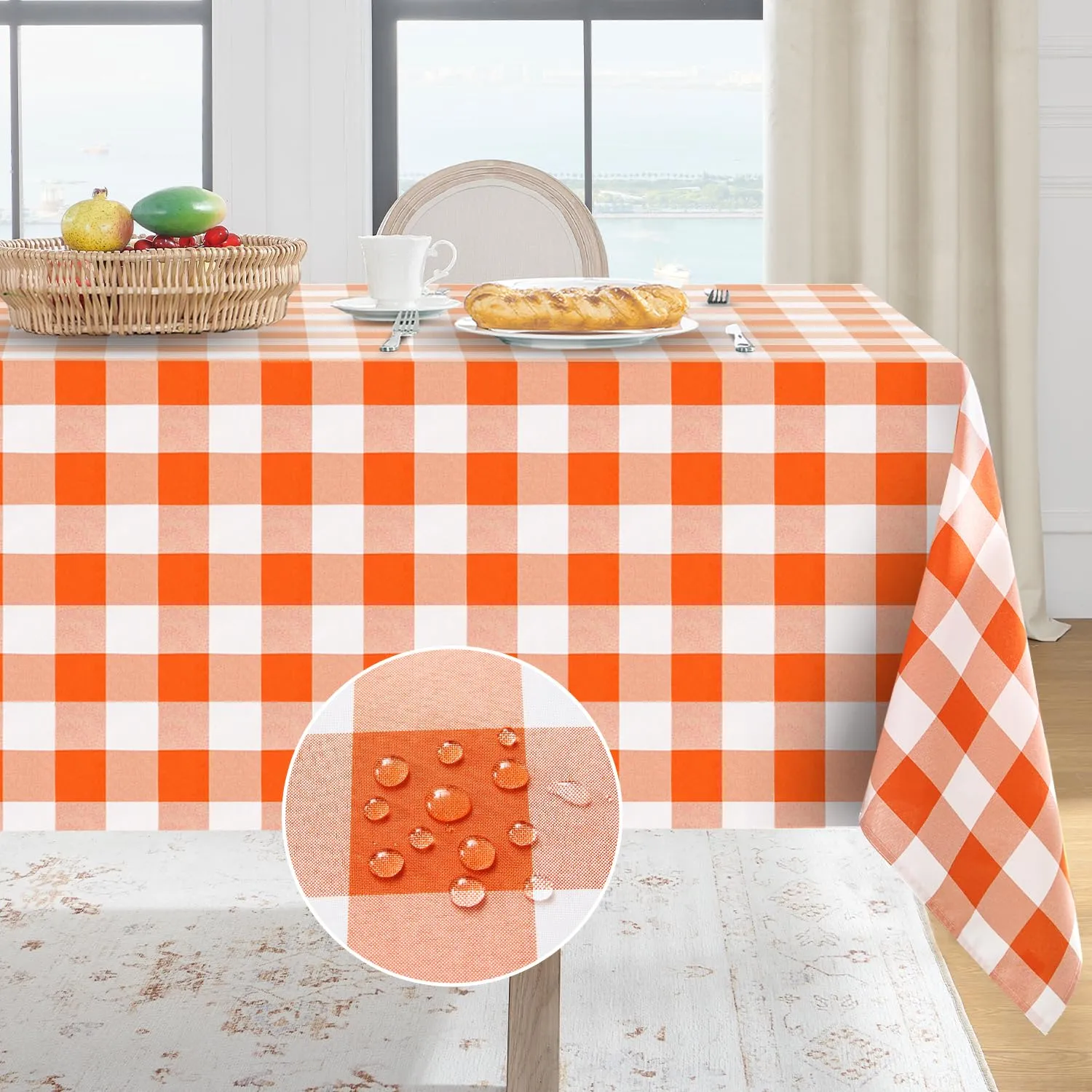 Softalker Tovaglia Rettangolare a Quadri, Impermeabile e Antimacchia, Arancione e Bianco, 152,4 x 259,1 cm - immagine 1