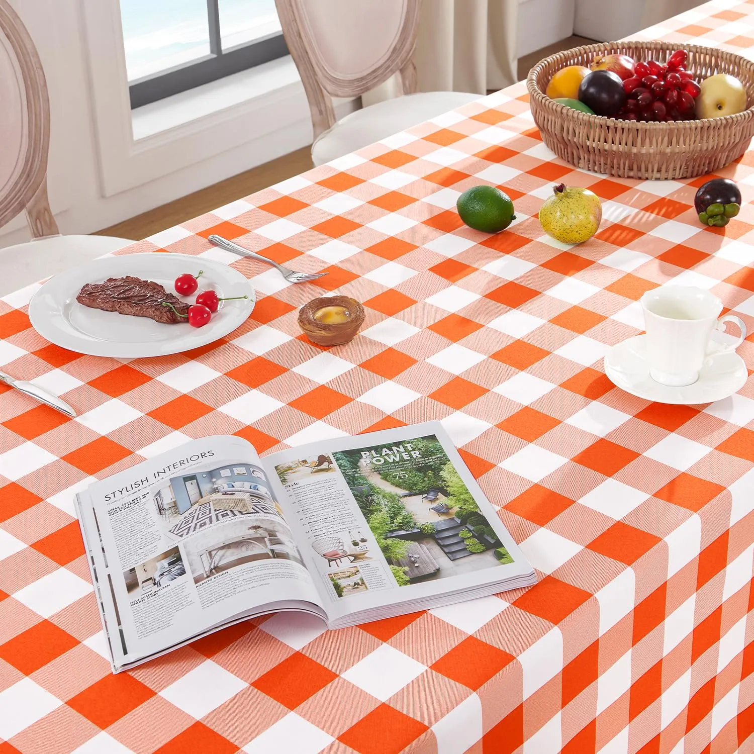 Softalker Tovaglia Rettangolare a Quadri, Impermeabile e Antimacchia, Arancione e Bianco, 152,4 x 259,1 cm - immagine 3