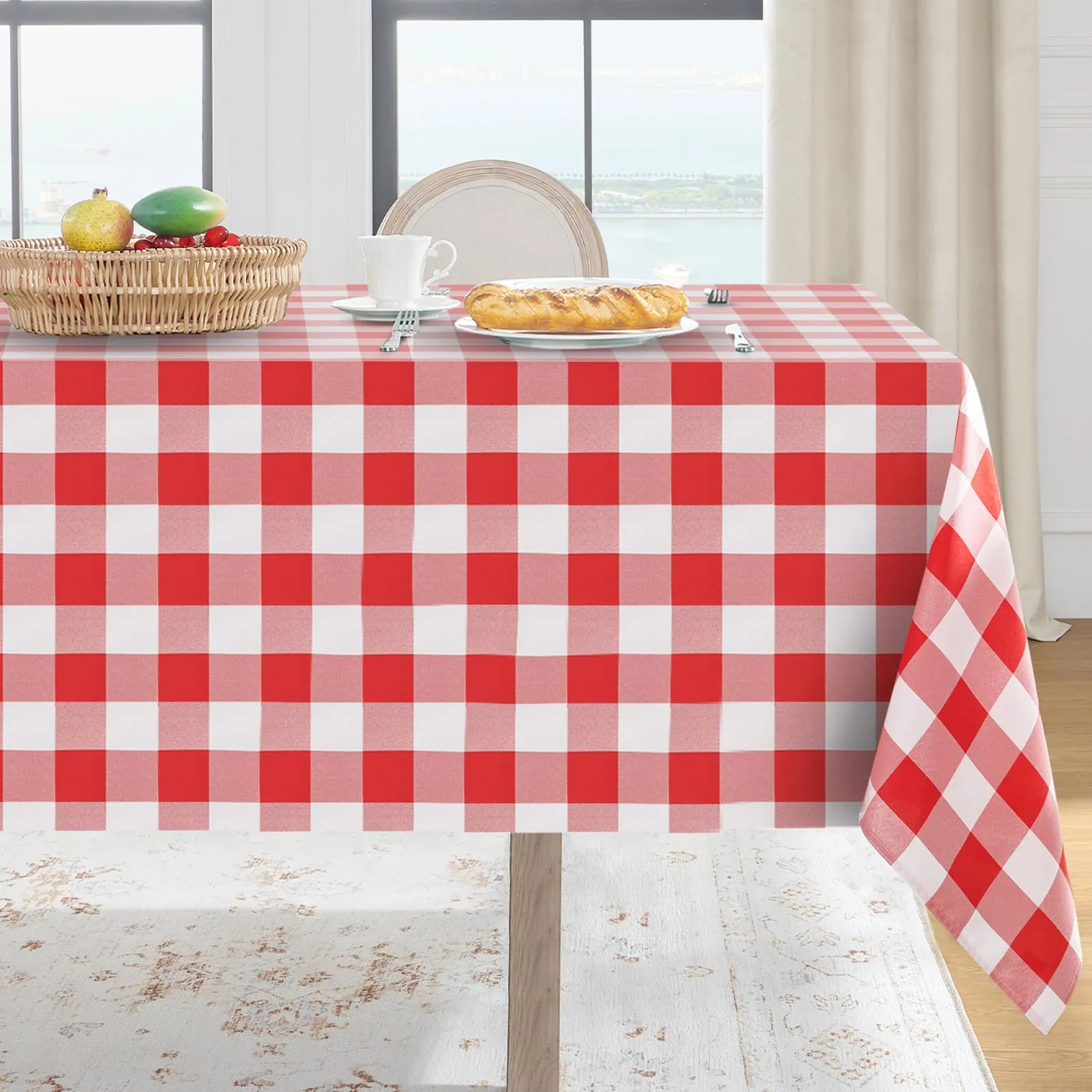 Softalker Tovaglia a scacchi Gingham impermeabile, Rosso e bianco, 137 x 137 cm - immagine 1