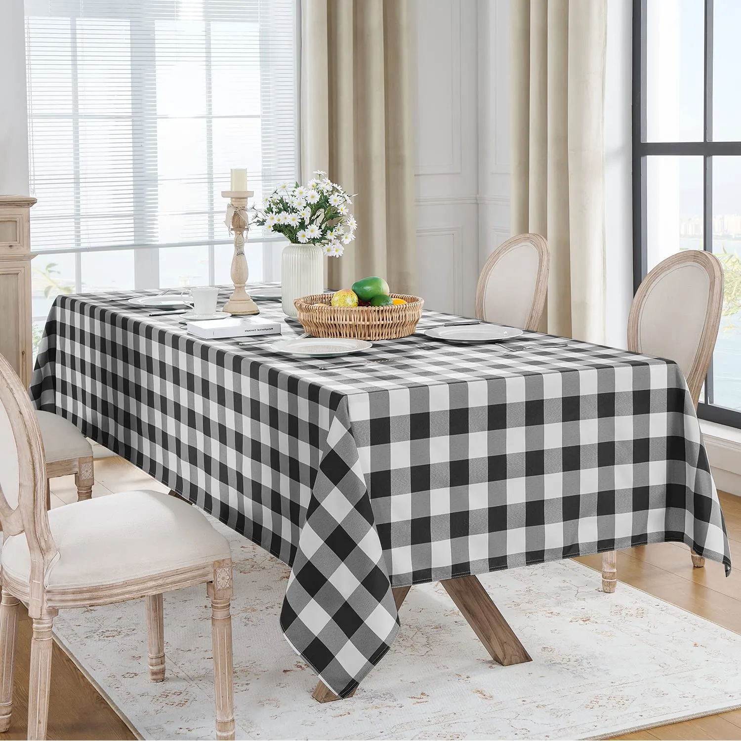 Softalker Tovaglia rettangolare a quadretti, impermeabile e antimacchia, bianco e nero, 152 x 250 cm - immagine 6