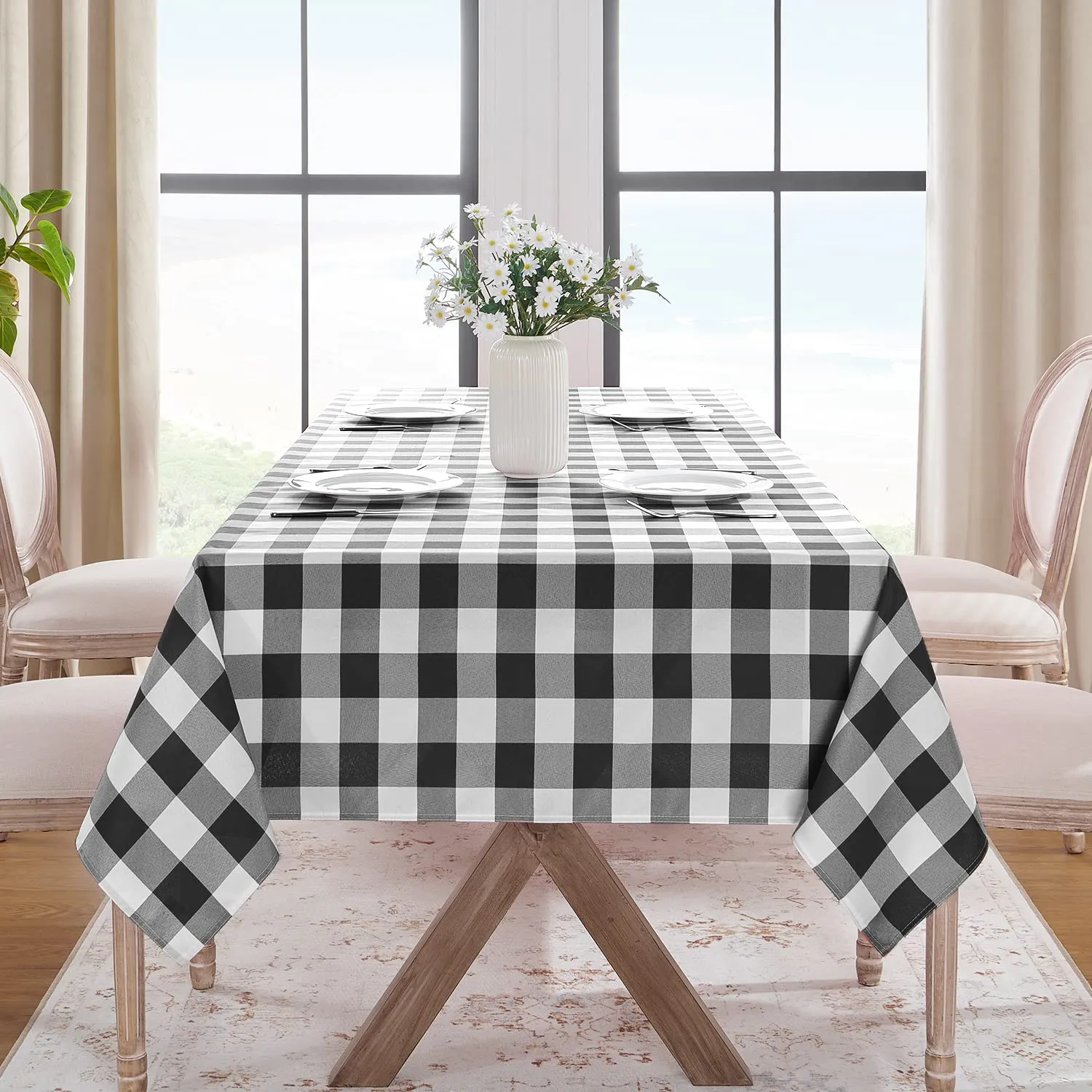 Softalker Tovaglia rettangolare a quadretti, impermeabile e antimacchia, bianco e nero, 152 x 250 cm - immagine 8