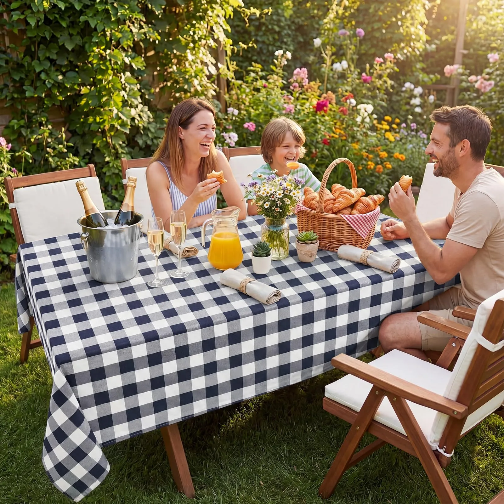 Softalker Tovaglia Rettangolare a Quadri Gingham Buffalo Plaid Impermeabile, Blu Navy e Bianco, 152 x 259 cm - immagine 3