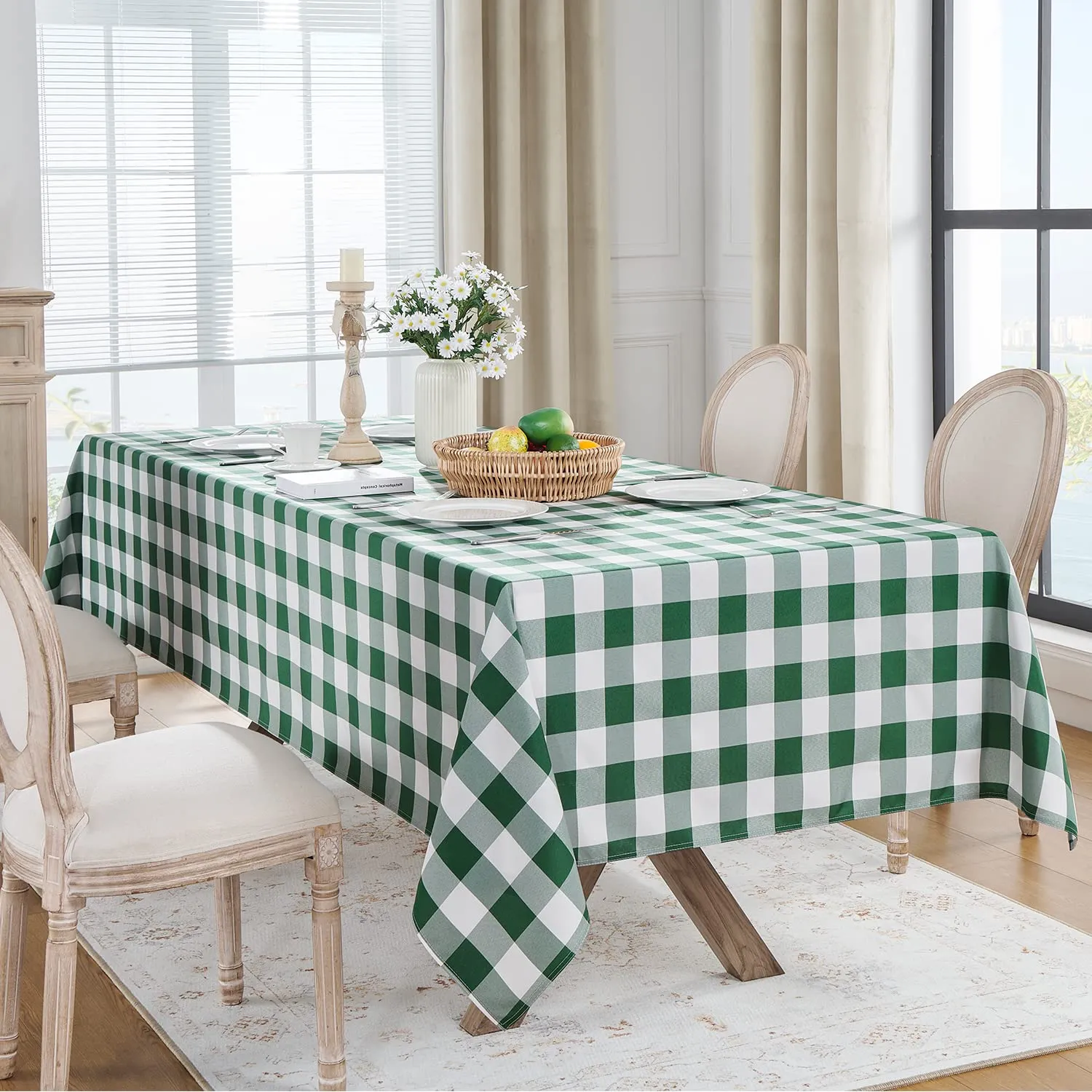 Softalker Tovaglia rettangolare a quadri, impermeabile e antimacchia, verde cacciatore e bianco, 152,4 x 259,1 cm - immagine 6