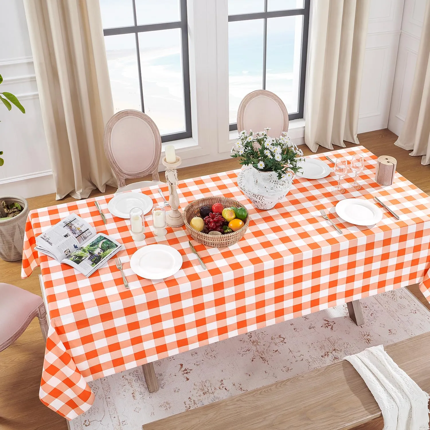 Softalker Tovaglia a Quadri Impermeabile, Arancione e Bianco, 137 x 137 cm - immagine 2