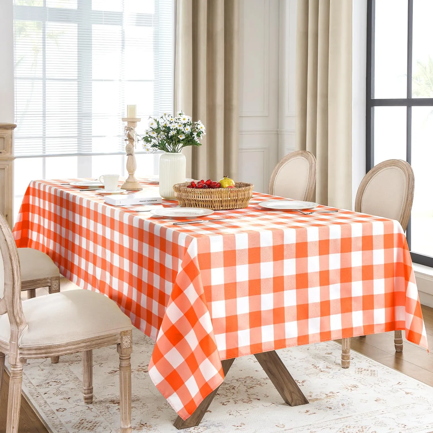 Softalker Tovaglia a Quadri Impermeabile, Arancione e Bianco, 137 x 137 cm - immagine 6
