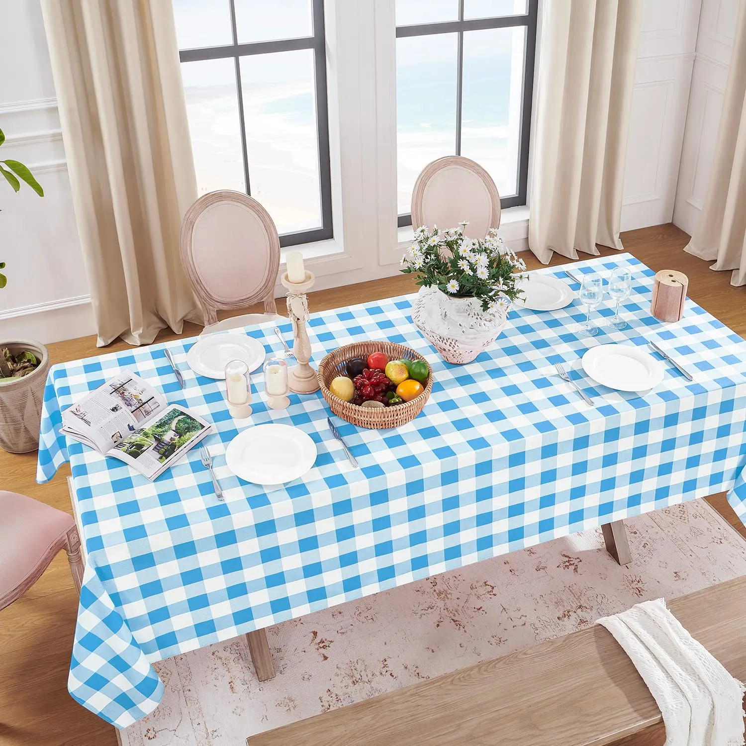 Softalker Tovaglia Rettangolare a Quadretti Impermeabile Blu e Bianco, 137 x 274,3 cm - immagine 2